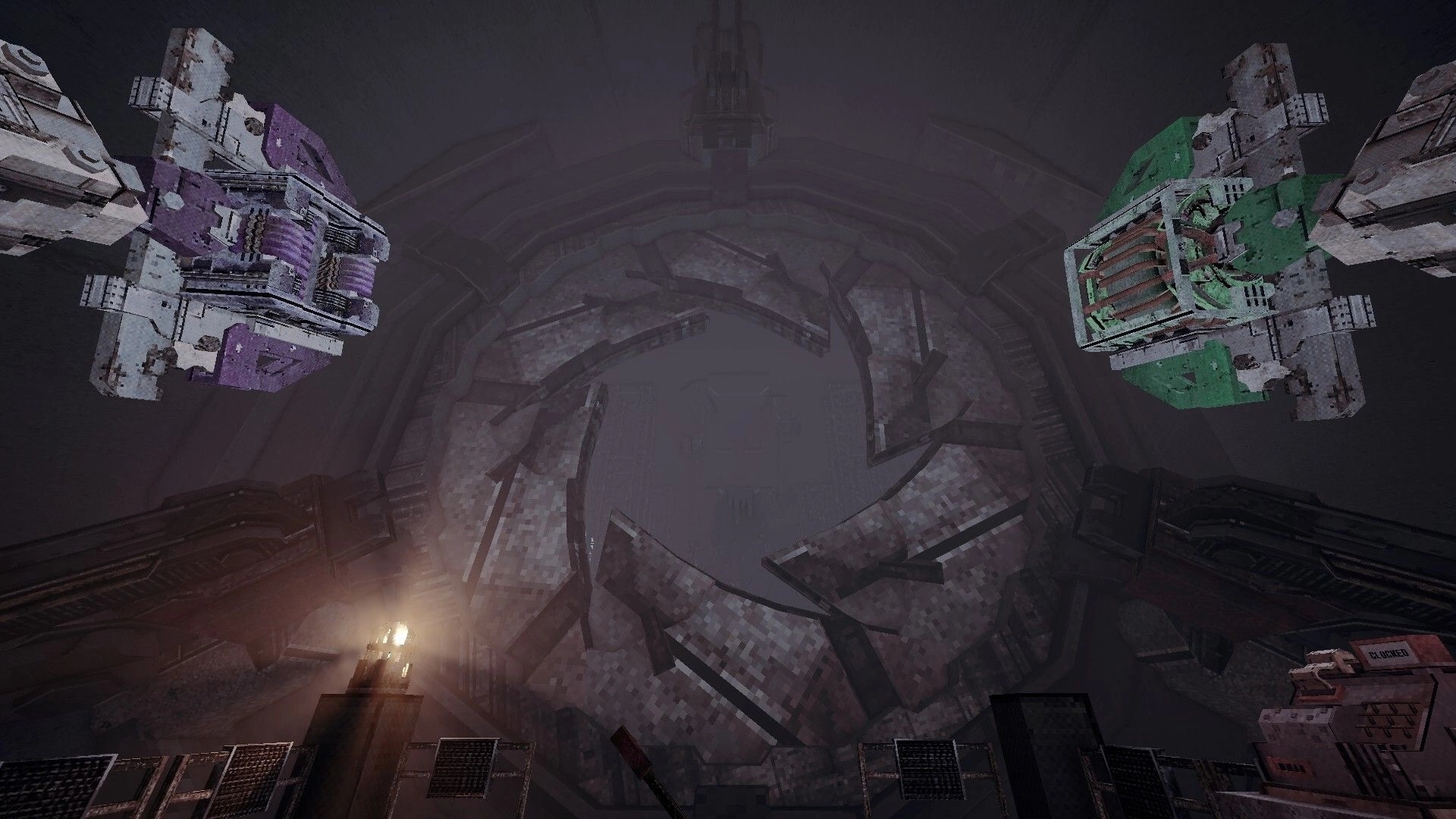 Cold Contours: Two hovering magnet devices face a broken circular hatch in a foggy steel chamber.
