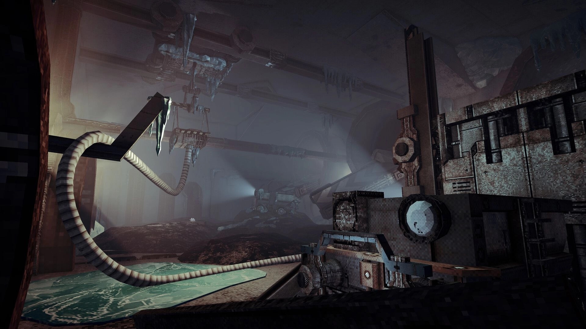 Cold Contours: Icy factory chamber with hanging machinery, pipes, and a winding hose over frozen water.