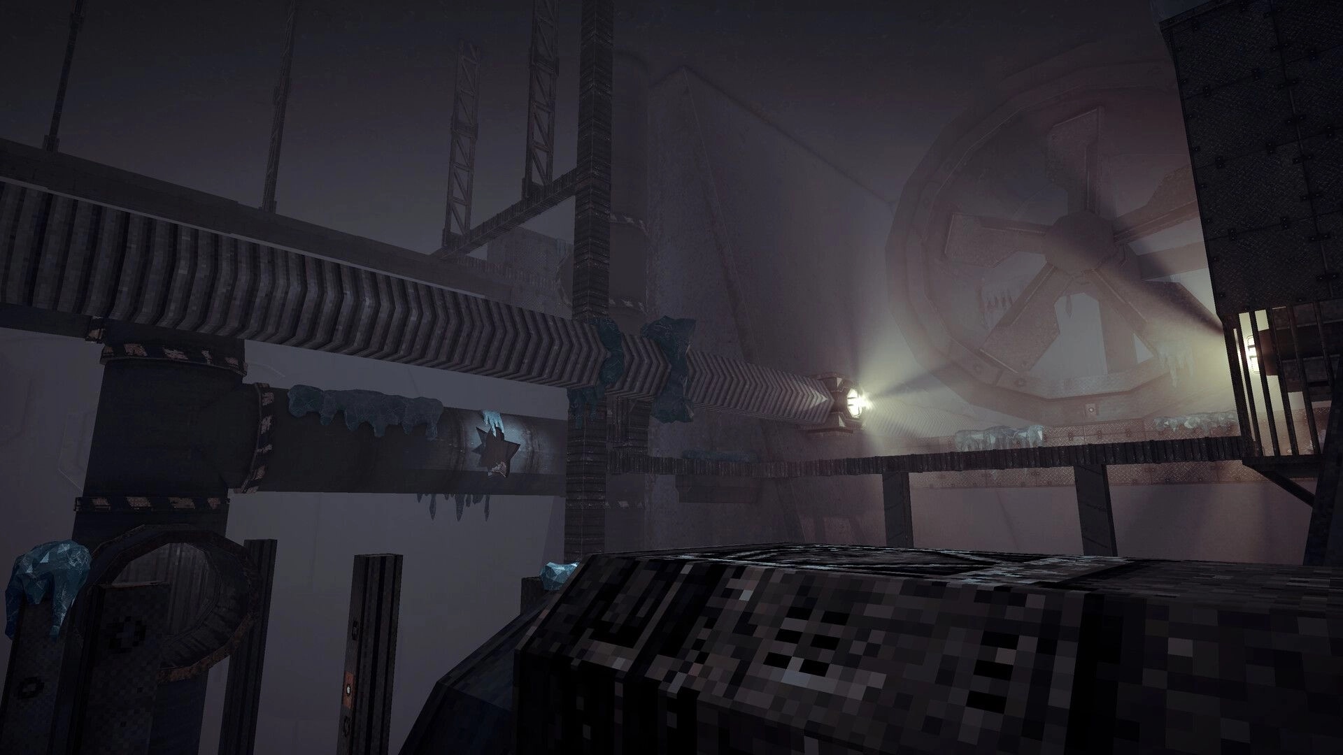 Cold Contours: Catwalks and icy pipes lit by a spotlight inside a foggy industrial chamber with fan.
