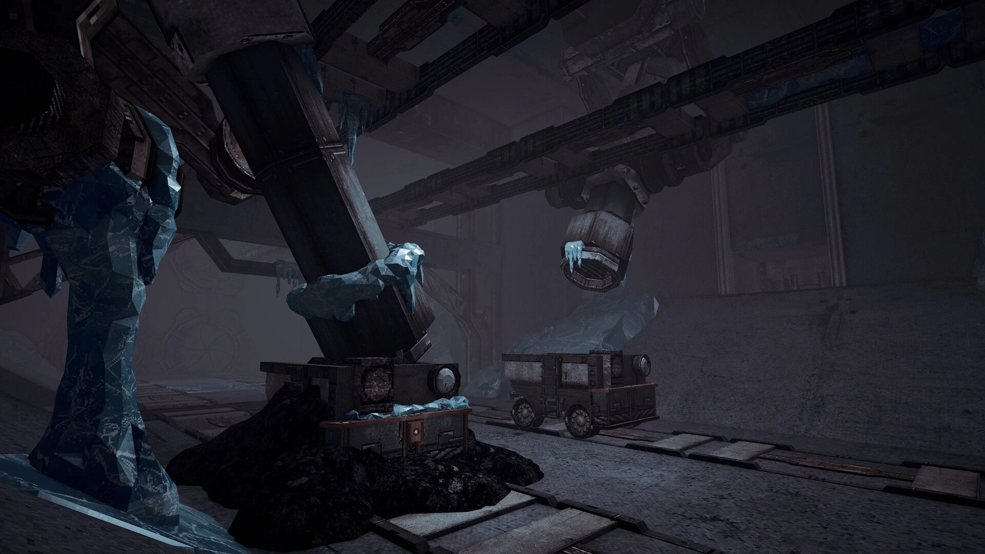 Cold Contours: Icy factory floor with frozen machinery and two rail carts under heavy overhead pipes.