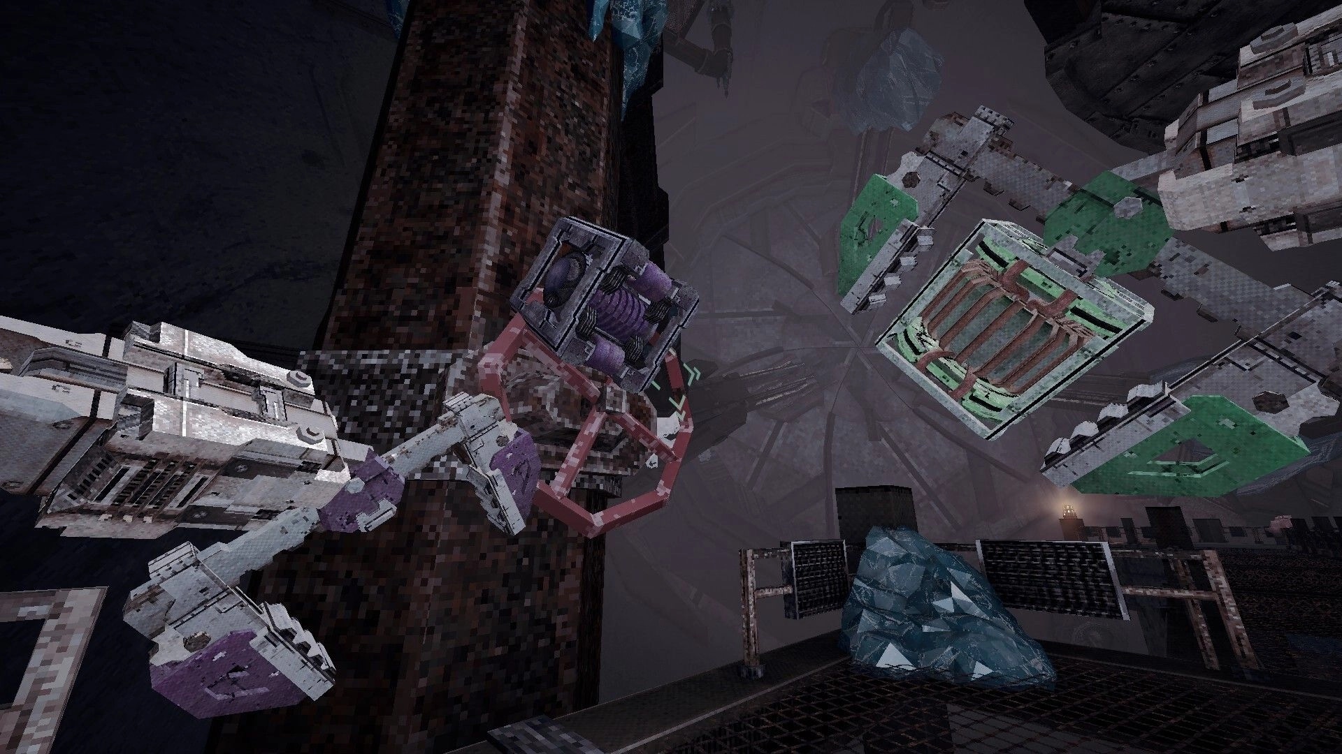 Cold Contours: Magnetic claw grips a red hex frame beside icy green platforms in a vast shaft.