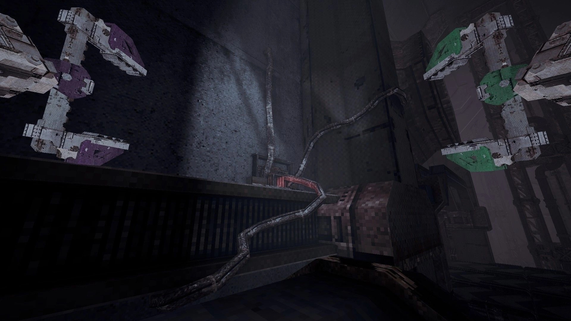 Cold Contours: Purple and green magnet clamps face a rusted pipe bridge in a dark factory shaft.