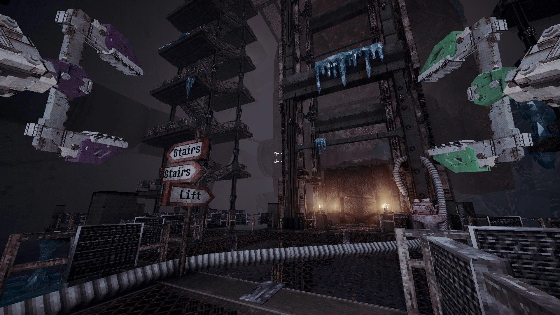 Cold Contours: Crosshair aimed at icy industrial platforms with magnet arms and Stairs/Lift signs nearby.