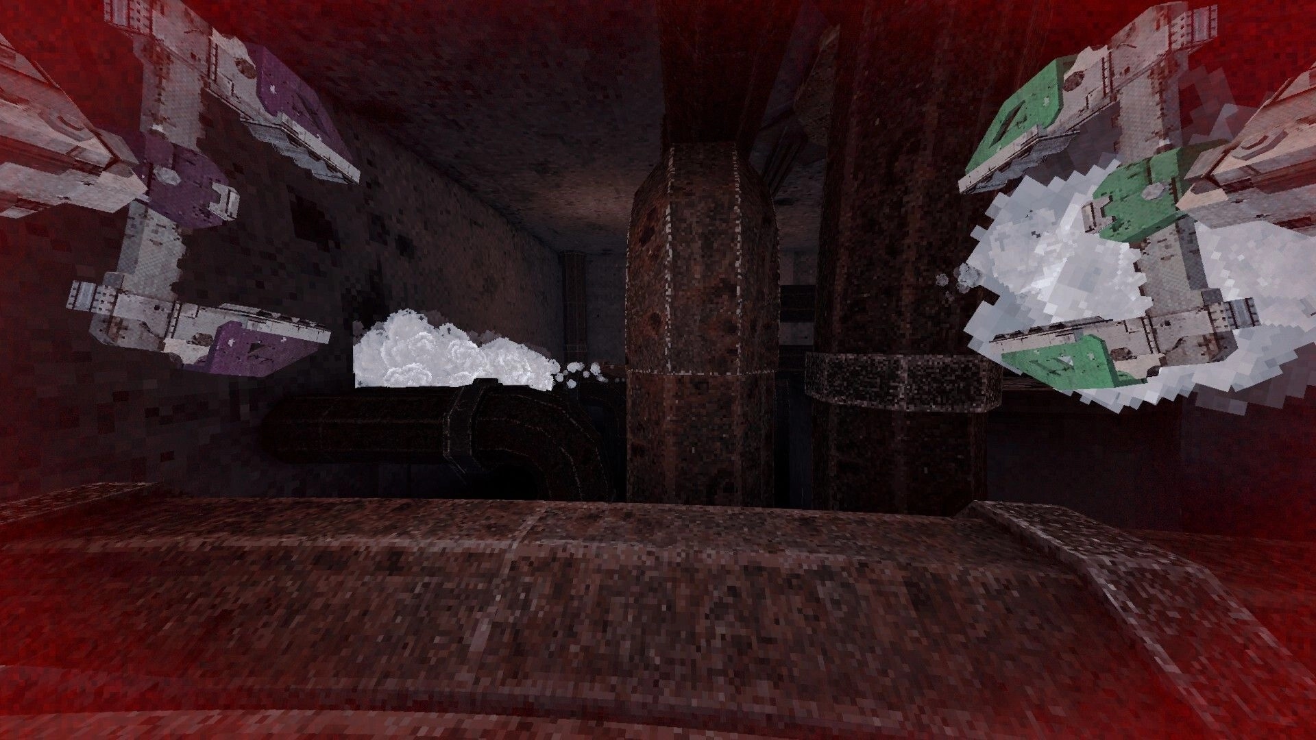 Cold Contours: Two magnet gloves face a steaming pipe in a dark rusted corridor with red vignette.