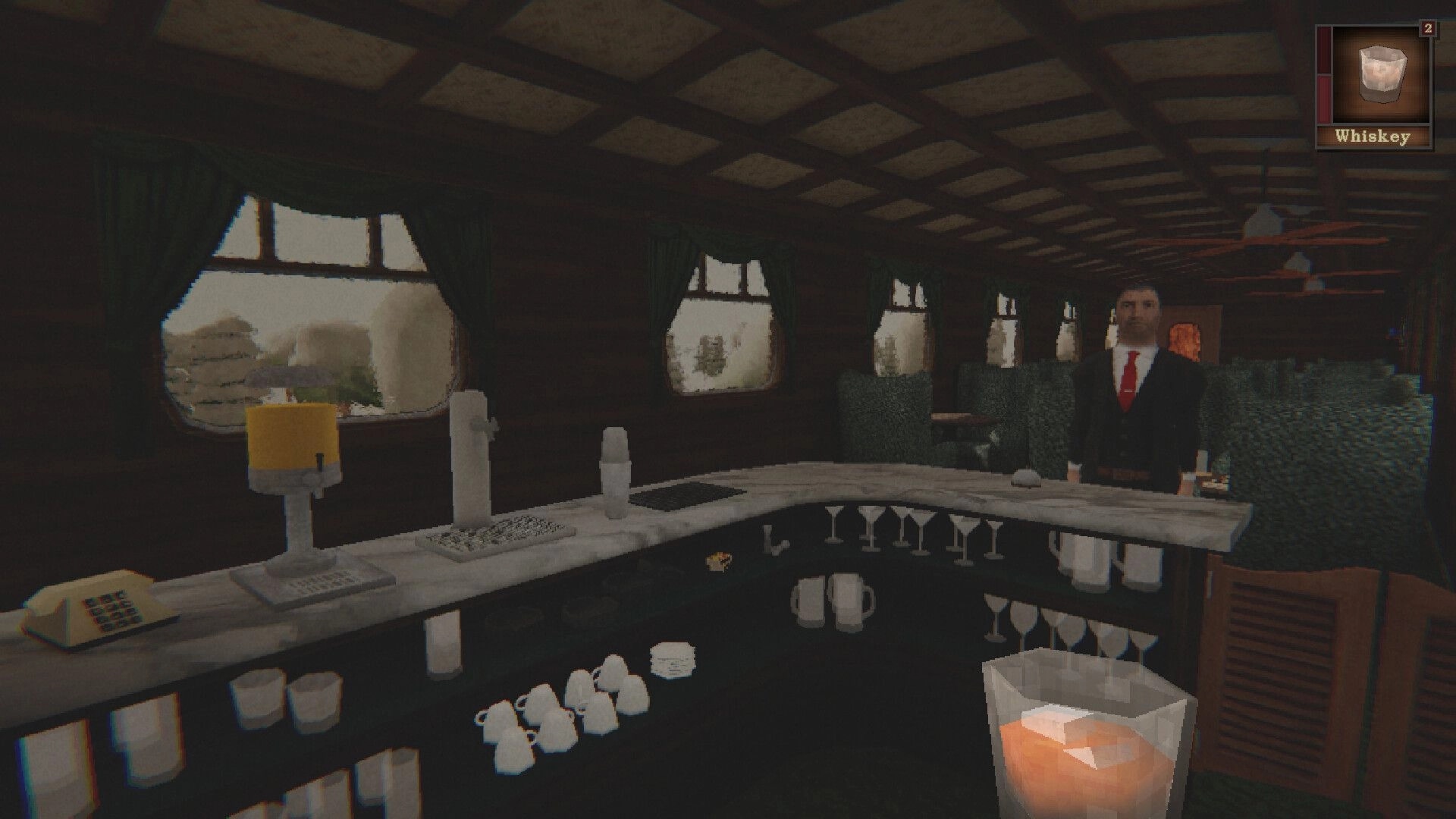 Cold Rails: Bartending view with whiskey icon and suited passenger at bar in a train lounge car.