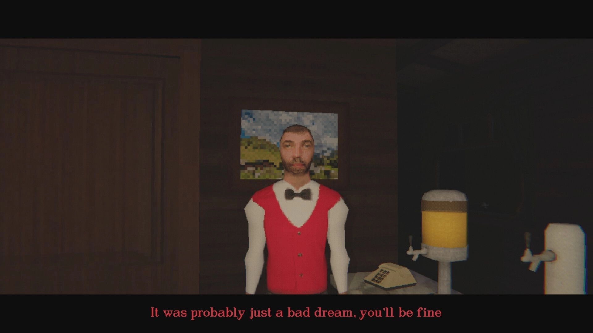 Cold Rails: Bartender NPC in red vest speaks via subtitle in dim train bar cabin interior.