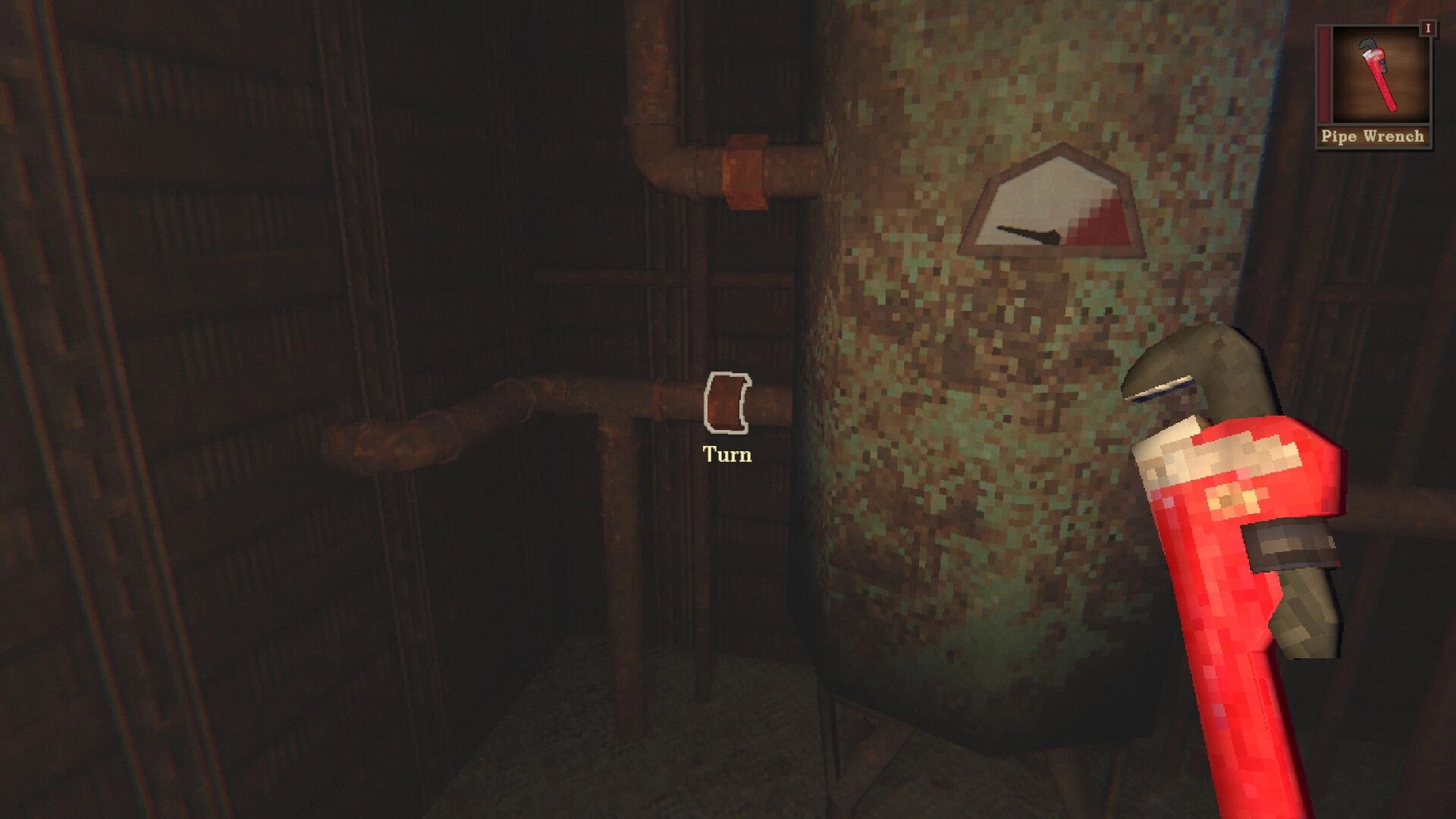 Cold Rails: Using a pipe wrench to turn a valve prompt beside rusty pipes in a cramped boiler room.