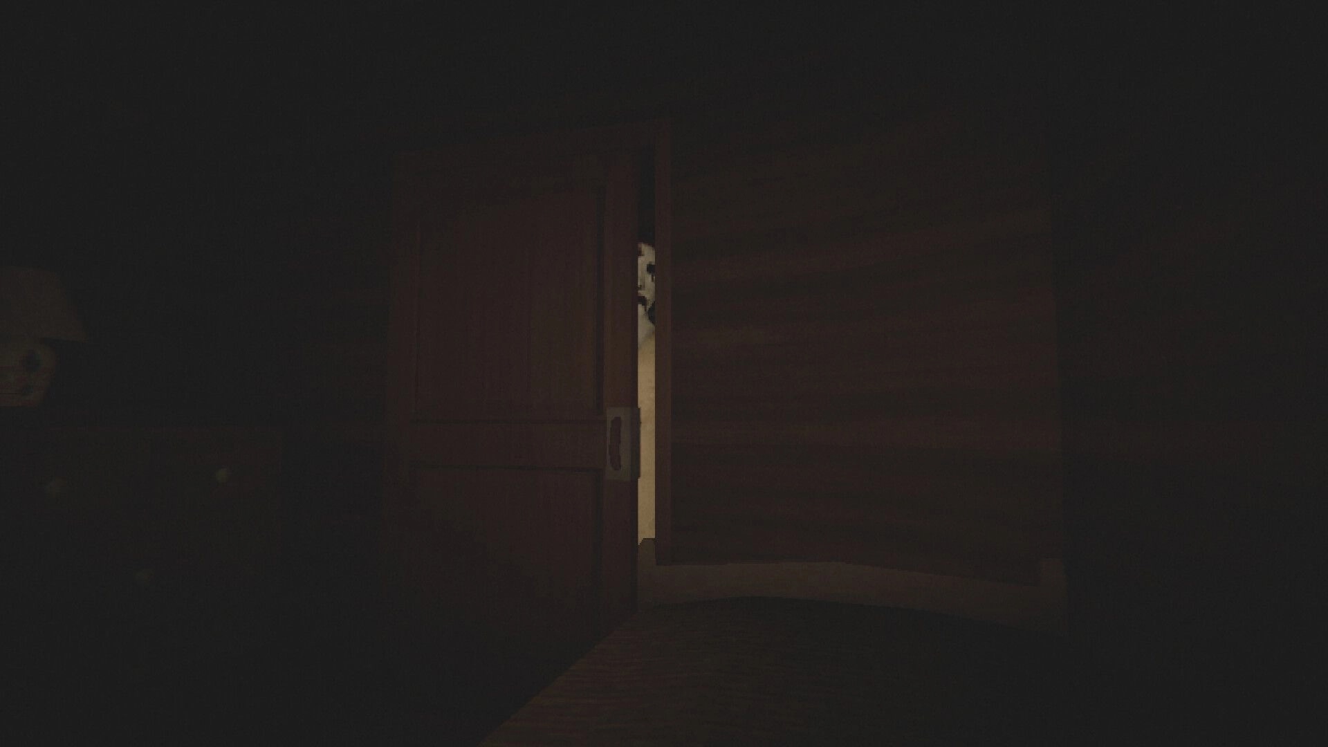 Cold Rails: Shadowy figure glimpsed through a slightly open sliding door in a dim train corridor.