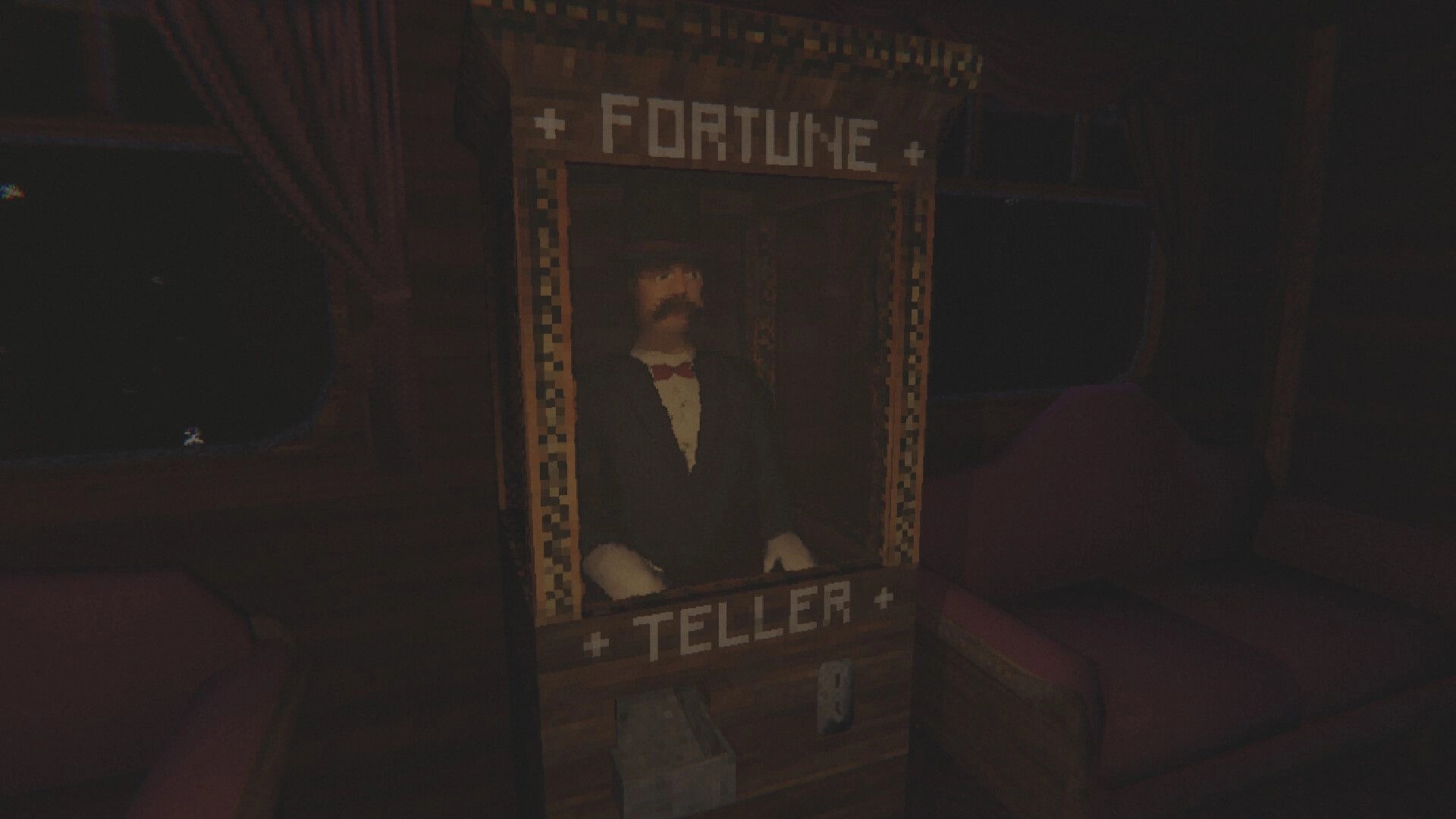 Cold Rails: Fortune teller machine with a mustached man figure in a dim train passenger cabin.