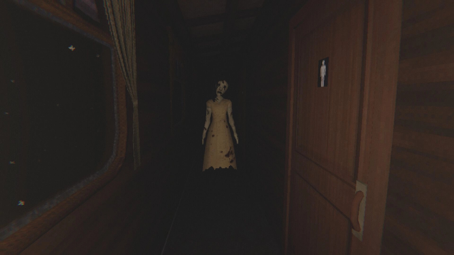 Cold Rails: Ghostly woman in stained dress blocks the hallway inside a dim, wood-paneled train car.