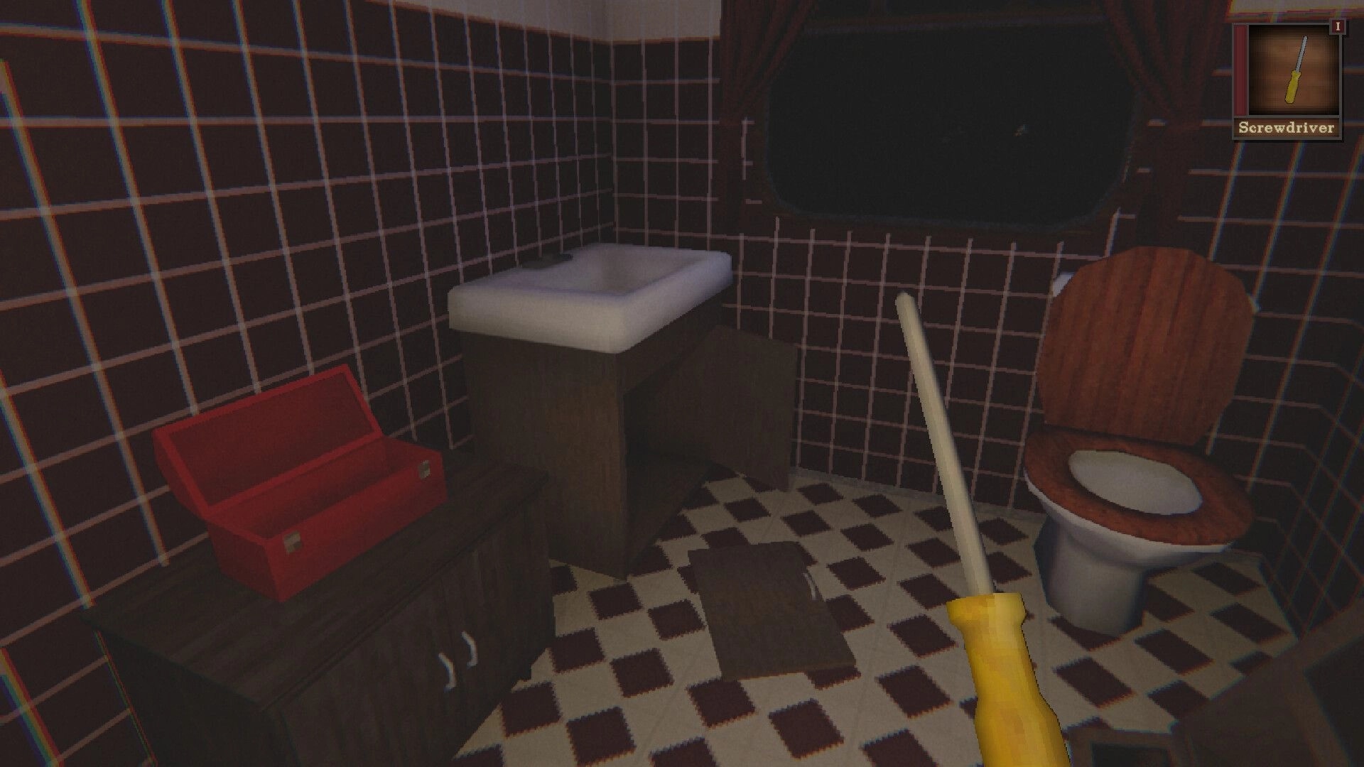 Cold Rails: Holding a screwdriver in first-person view inside a tiled train bathroom with toilet and sink.