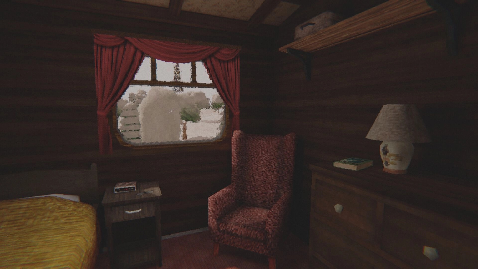 Cold Rails: Quiet cabin view with bed, chair and dresser by a curtained window on the train.