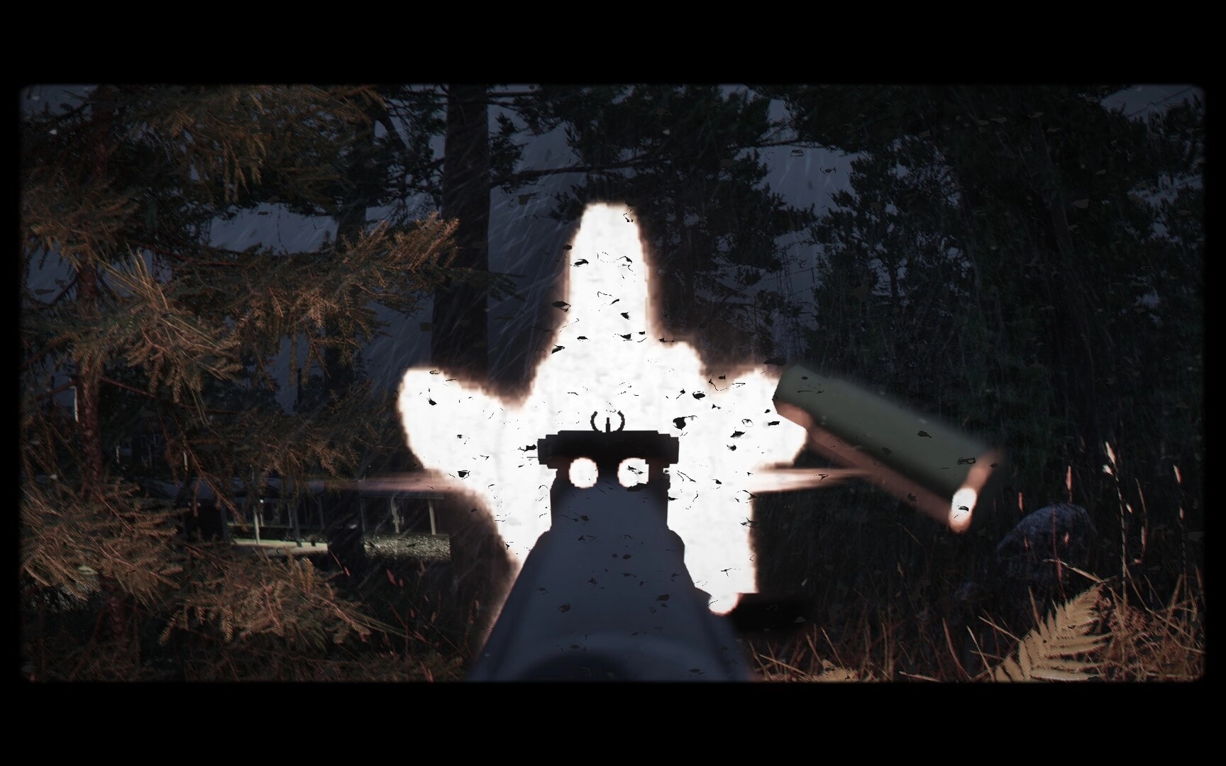 Cold Response: First-person rifle firing with bright muzzle flash and ejected casing in dark forest.