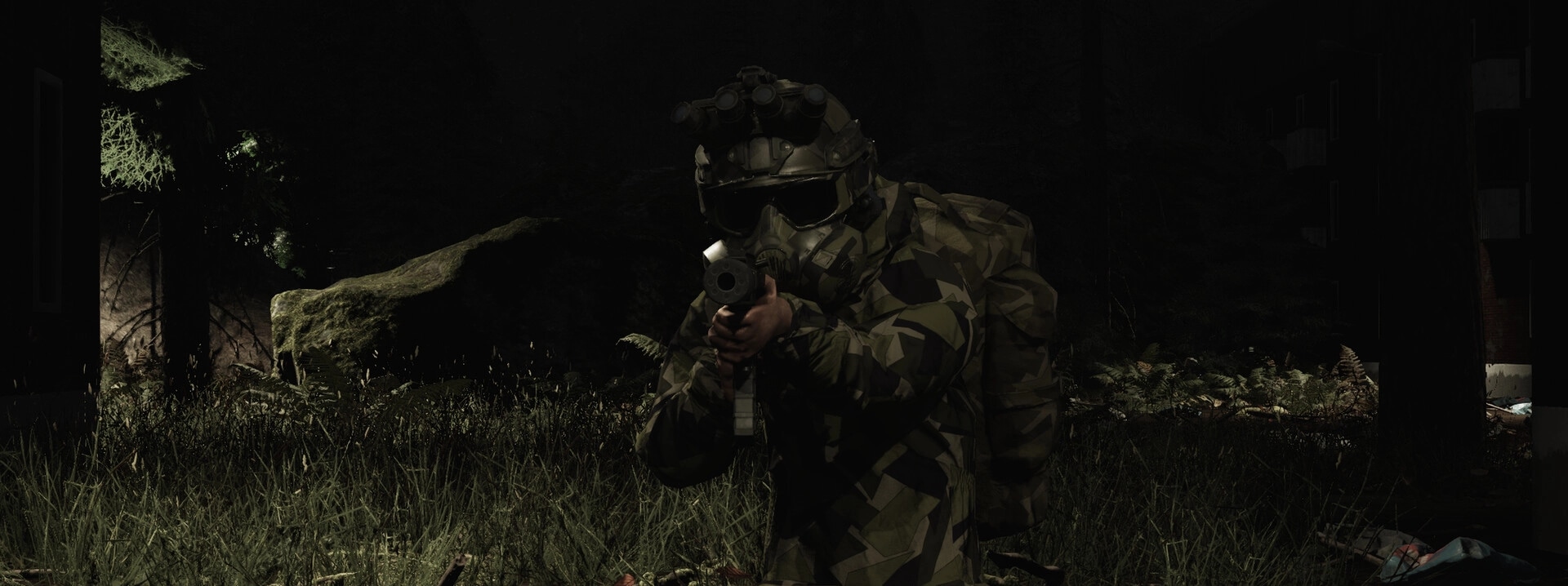 Cold Response: Camouflaged soldier aims rifle in dark forest clearing with grass and boulders nearby.