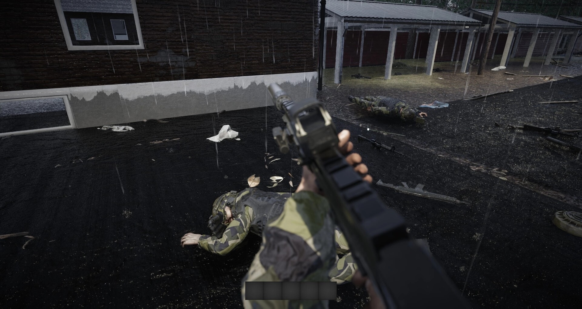 Cold Response: First-person rifle view over fallen soldiers on a rainy street beside garages.