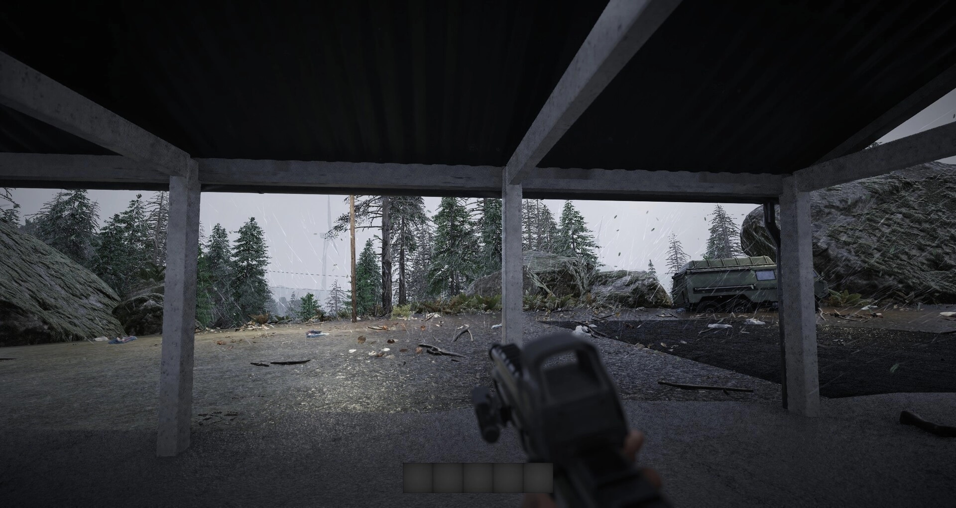 Cold Response: First-person view aiming a rifle under a concrete shelter in rainy forest road with truck.