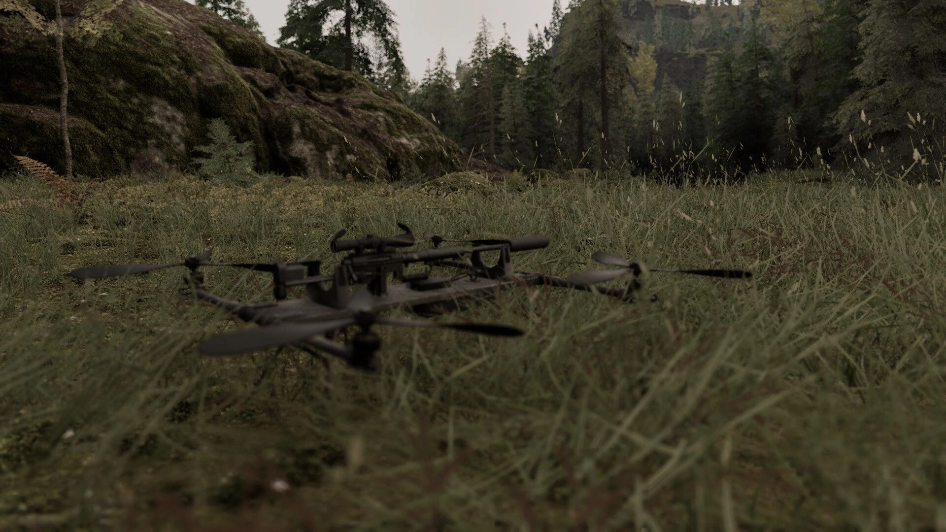 Cold Response: Low-angle view of a quadcopter drone in tall grass near rocky pine forest hills.