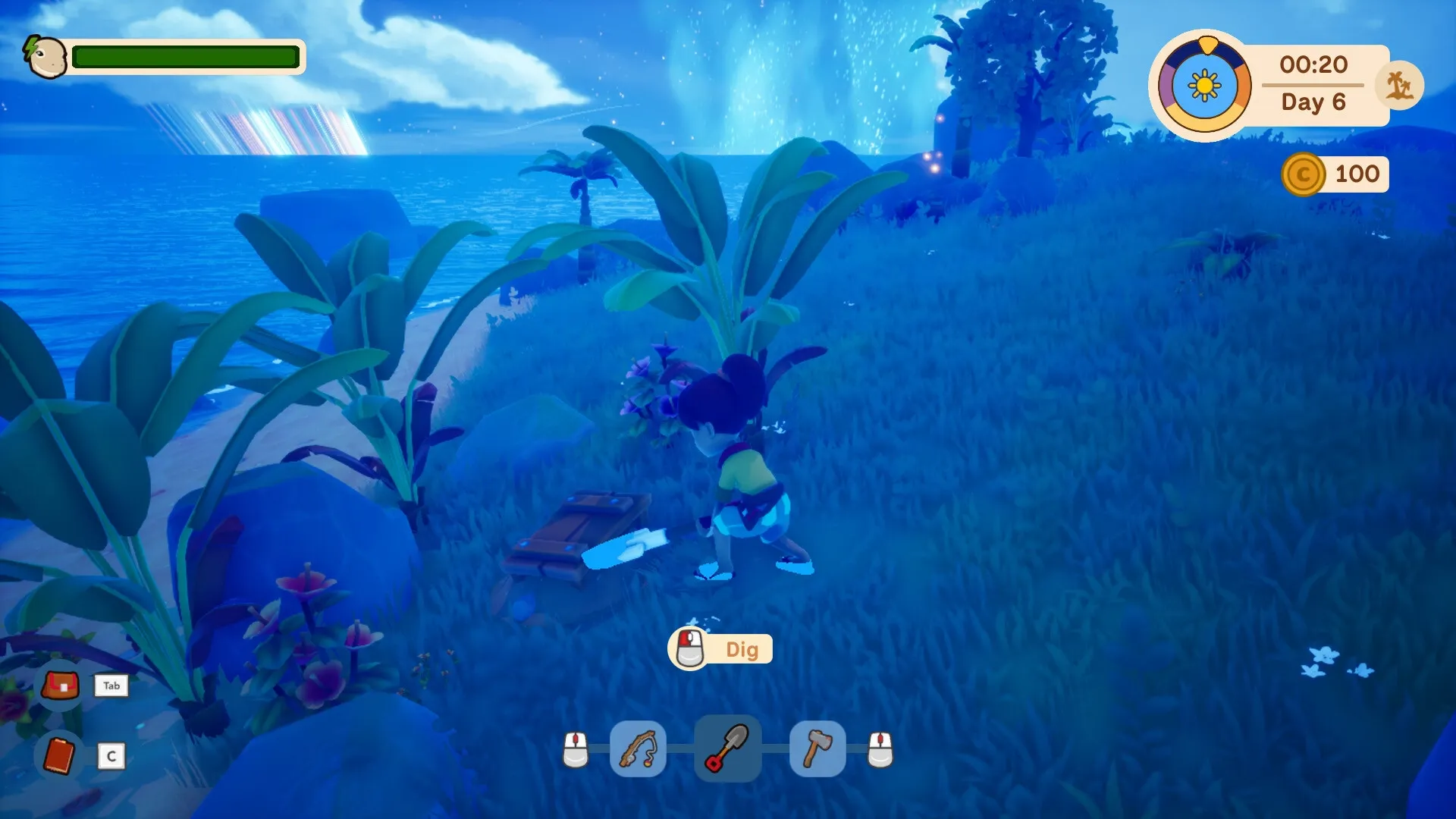 Collector’s Cove: Player digging with shovel on grassy island, ocean view in background, UI visible
