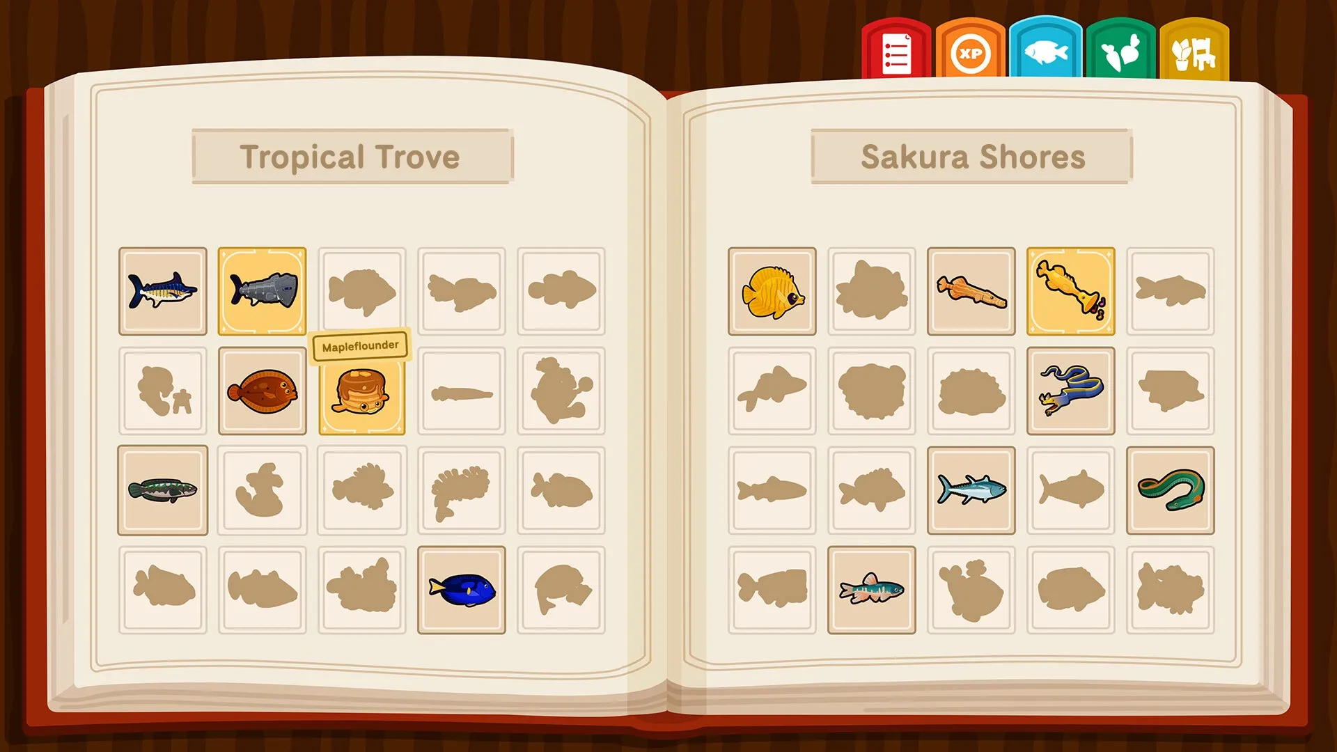 Collector’s Cove: Fishing journal open displaying collected fish species from Tropical Trove and Sakura Shores.