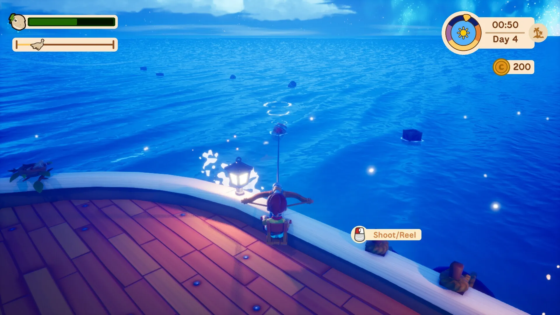Collector’s Cove: Player character fishing from a boat deck under a starry sky with UI overlays visible.