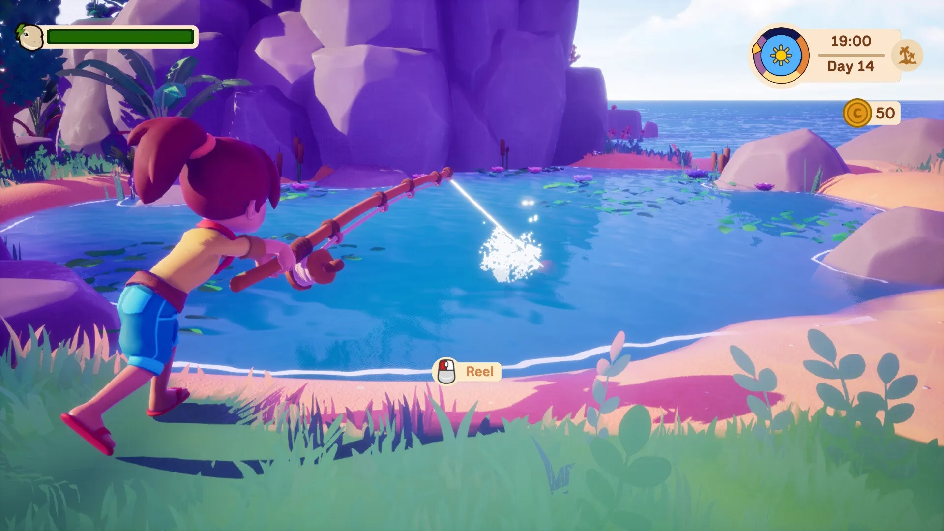 Collector’s Cove: Character fishing in a tranquil pond with UI showing time, day, and currency amount