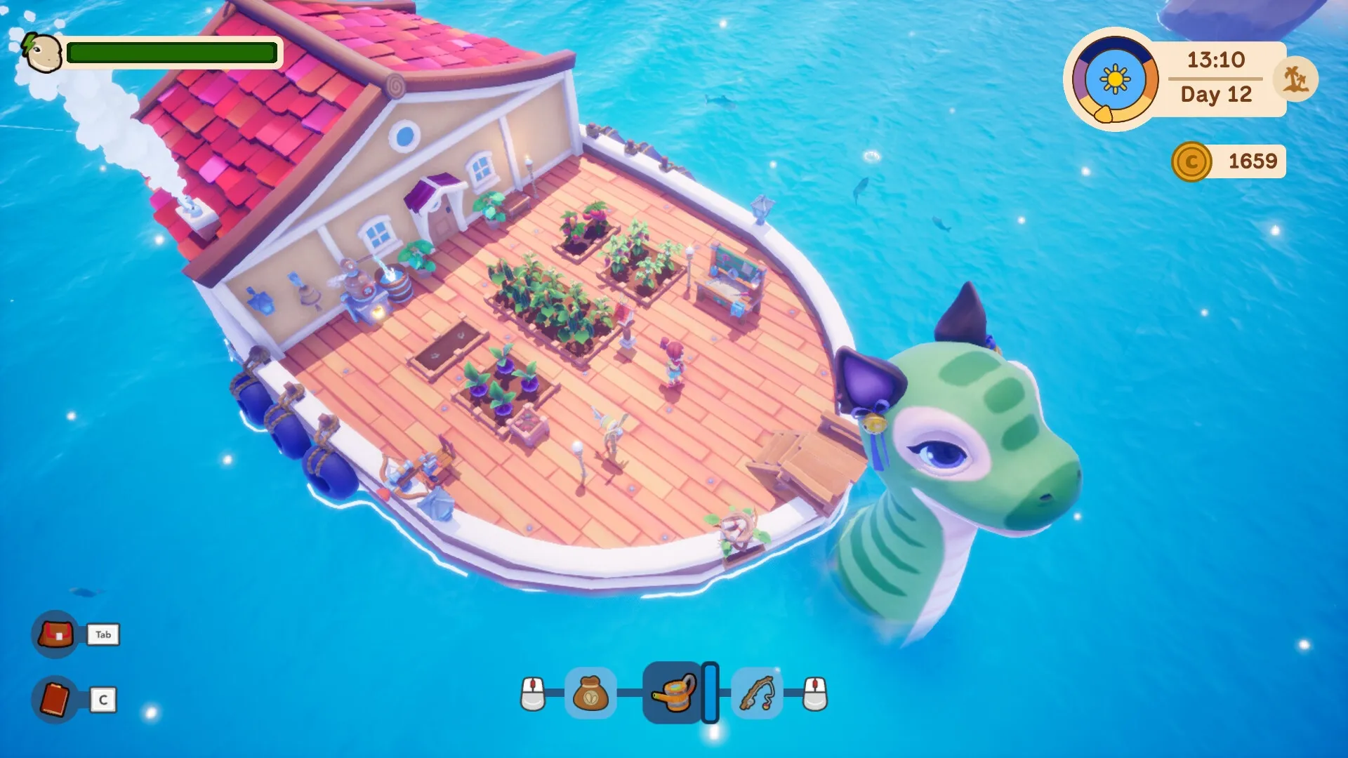Collector’s Cove: Floating farm with crops and animal companion on a sunny ocean day