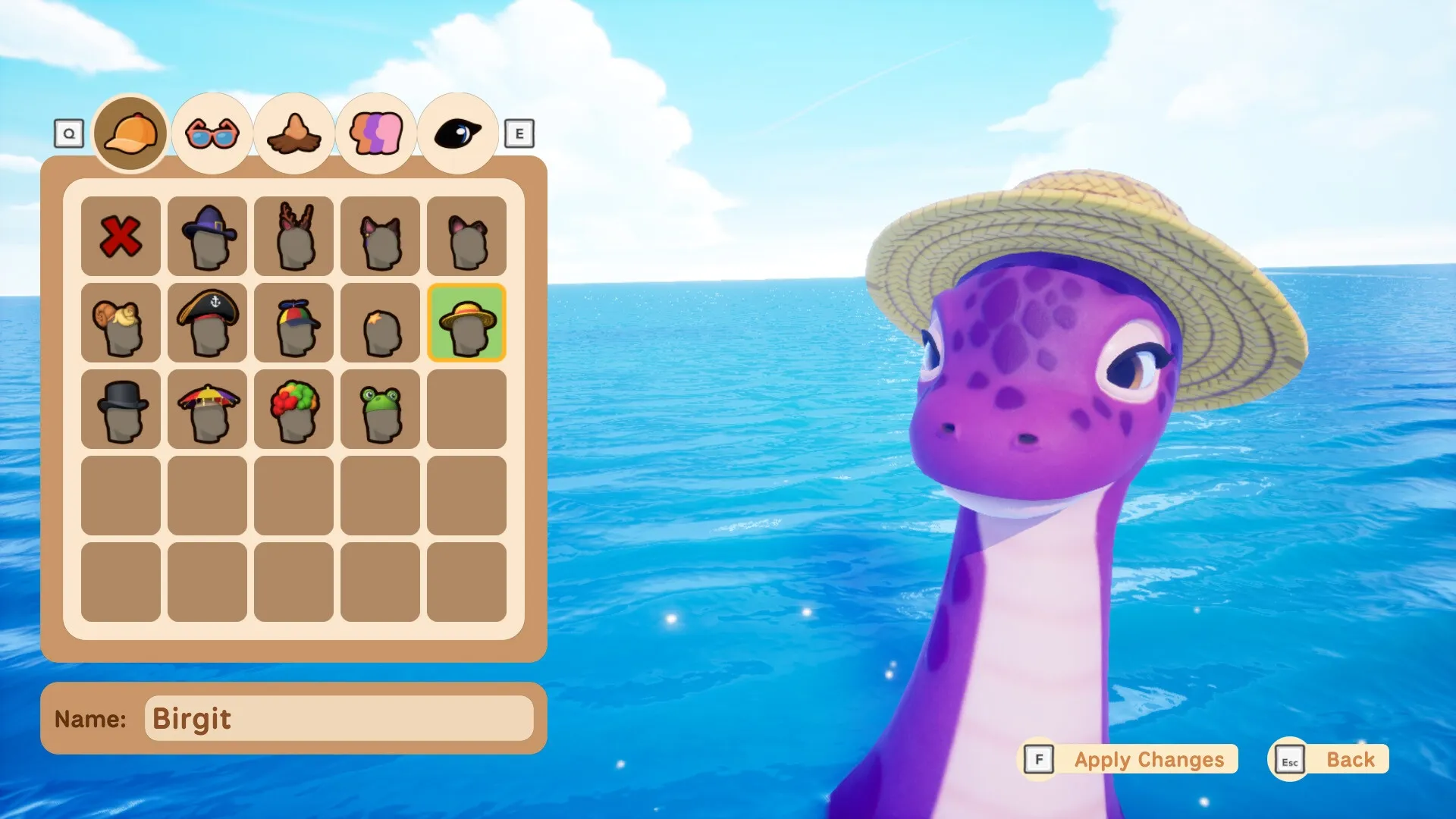 Collector’s Cove: Birgit wearing a straw hat on the ocean with hat selection menu open on screen