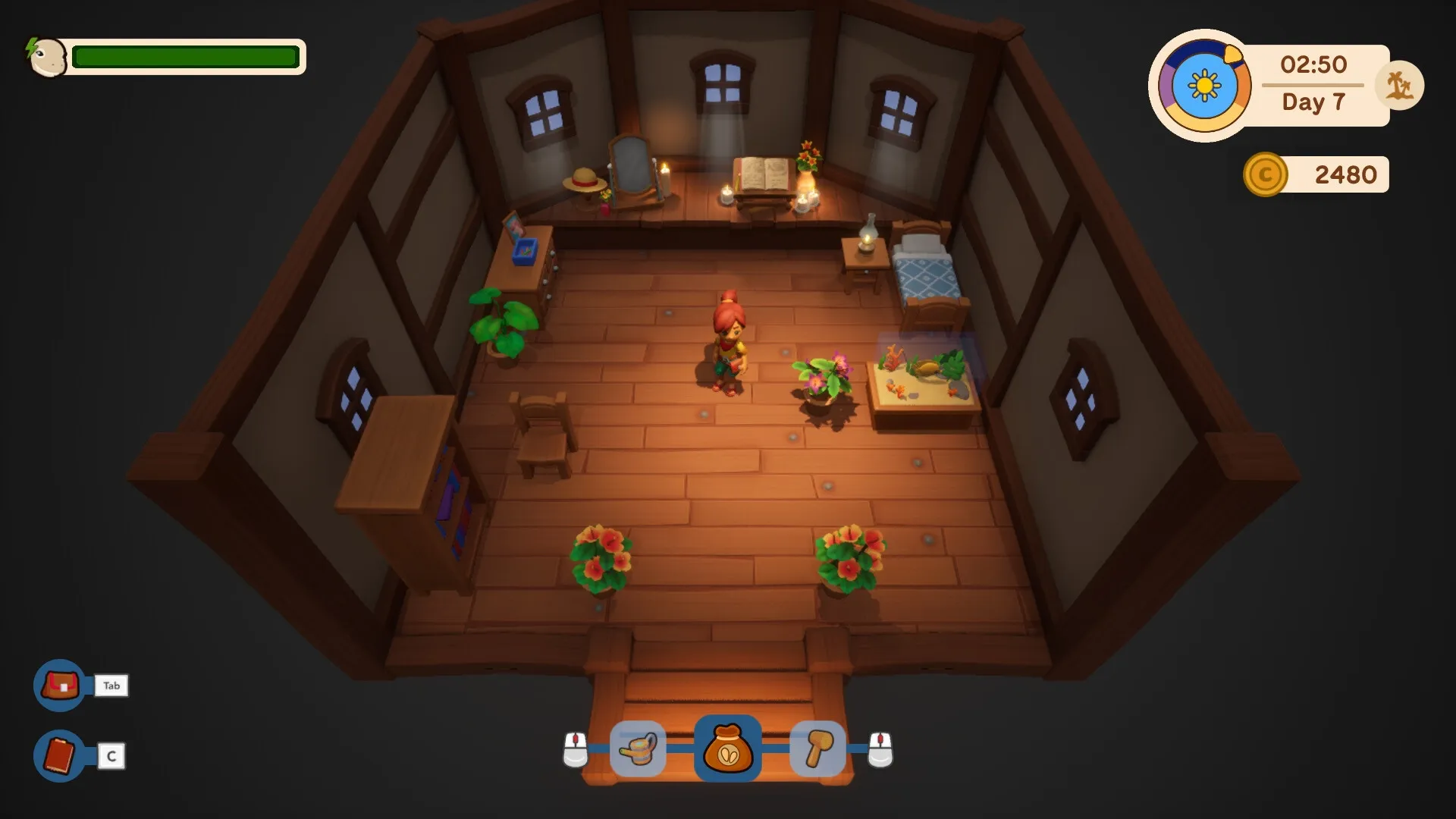 Collector’s Cove: Character in cozy cabin with plants, furniture, and UI showing time and coins