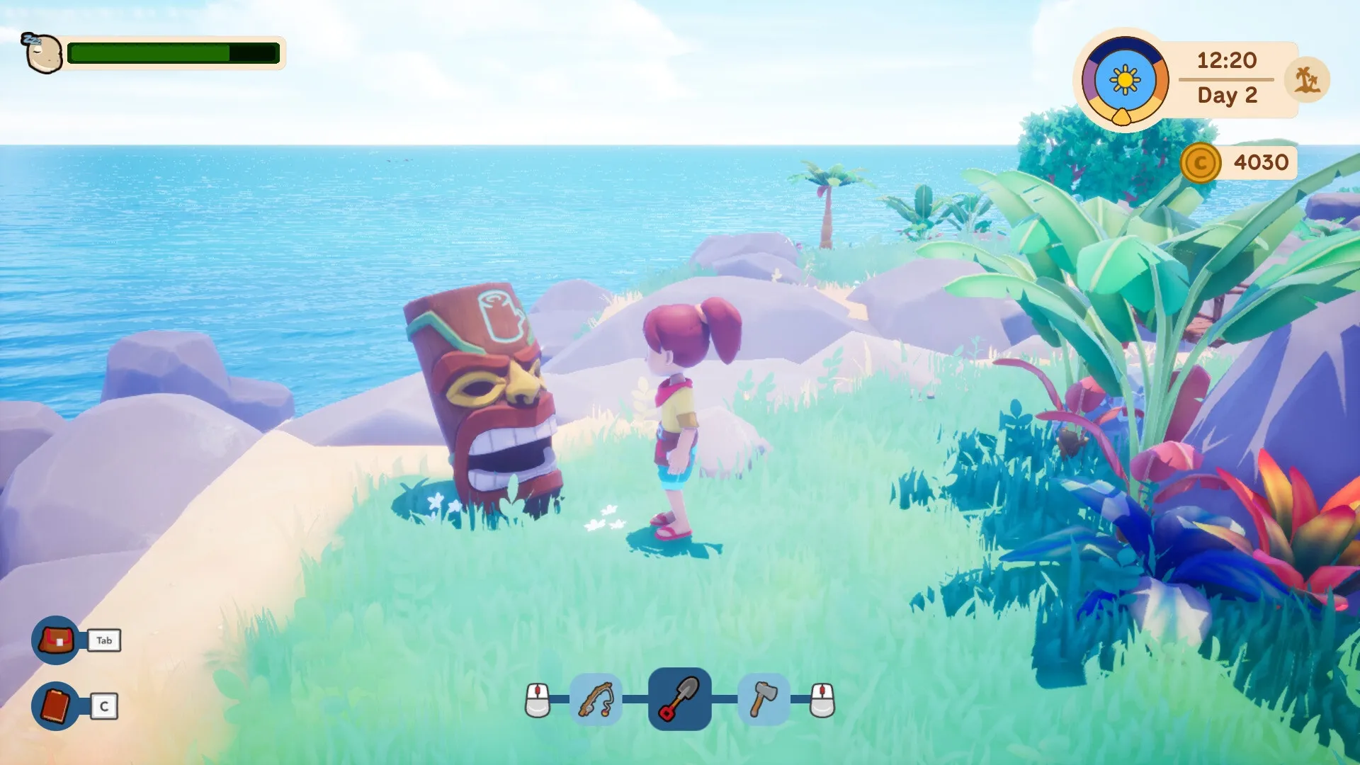 Collector’s Cove: Player interacts with a tiki statue on a grassy island by the sea, UI elements visible.