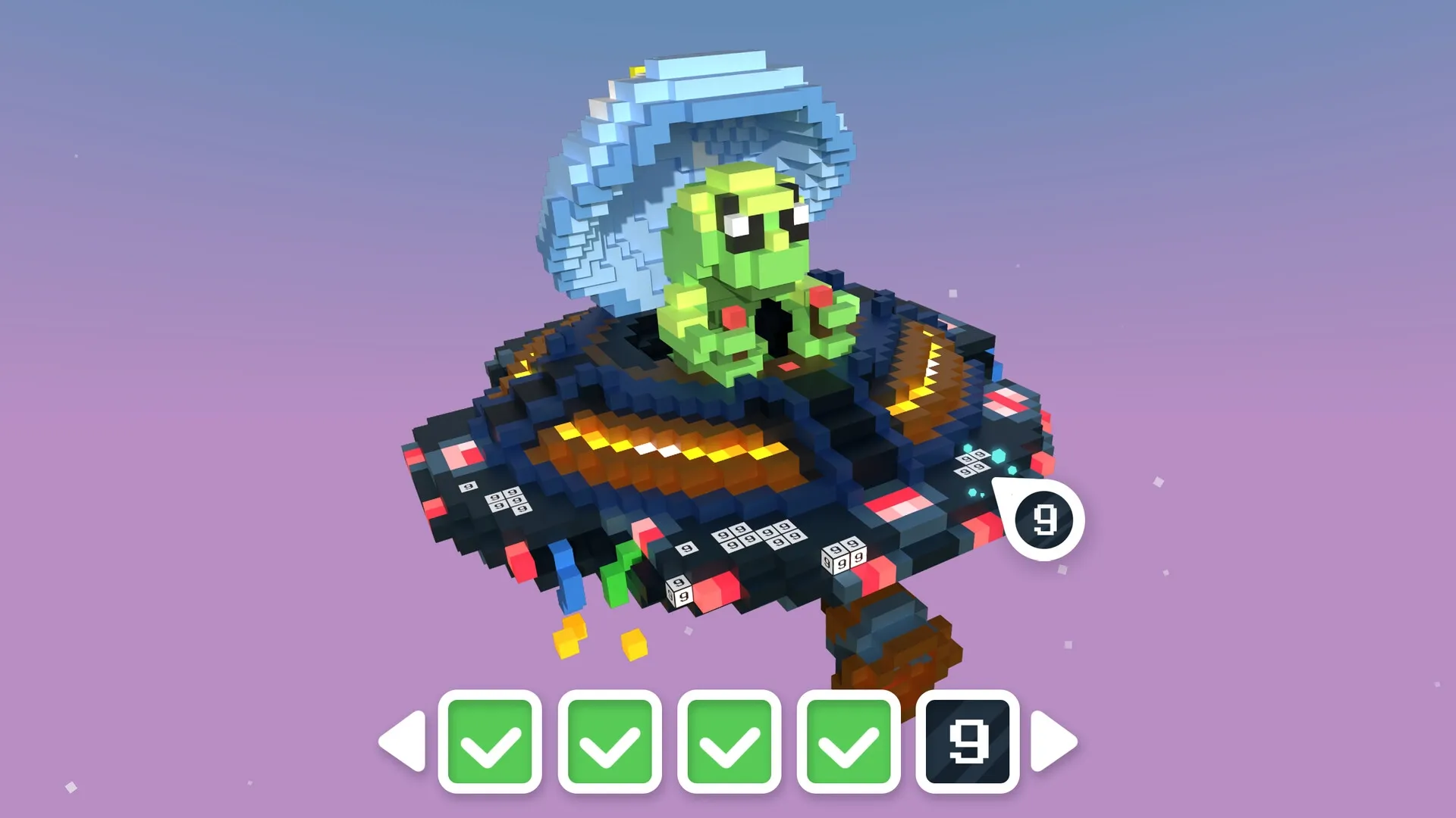 Color-A-Cube: Alien character on voxel spaceship with number nine highlighted in a colorful sky setting.