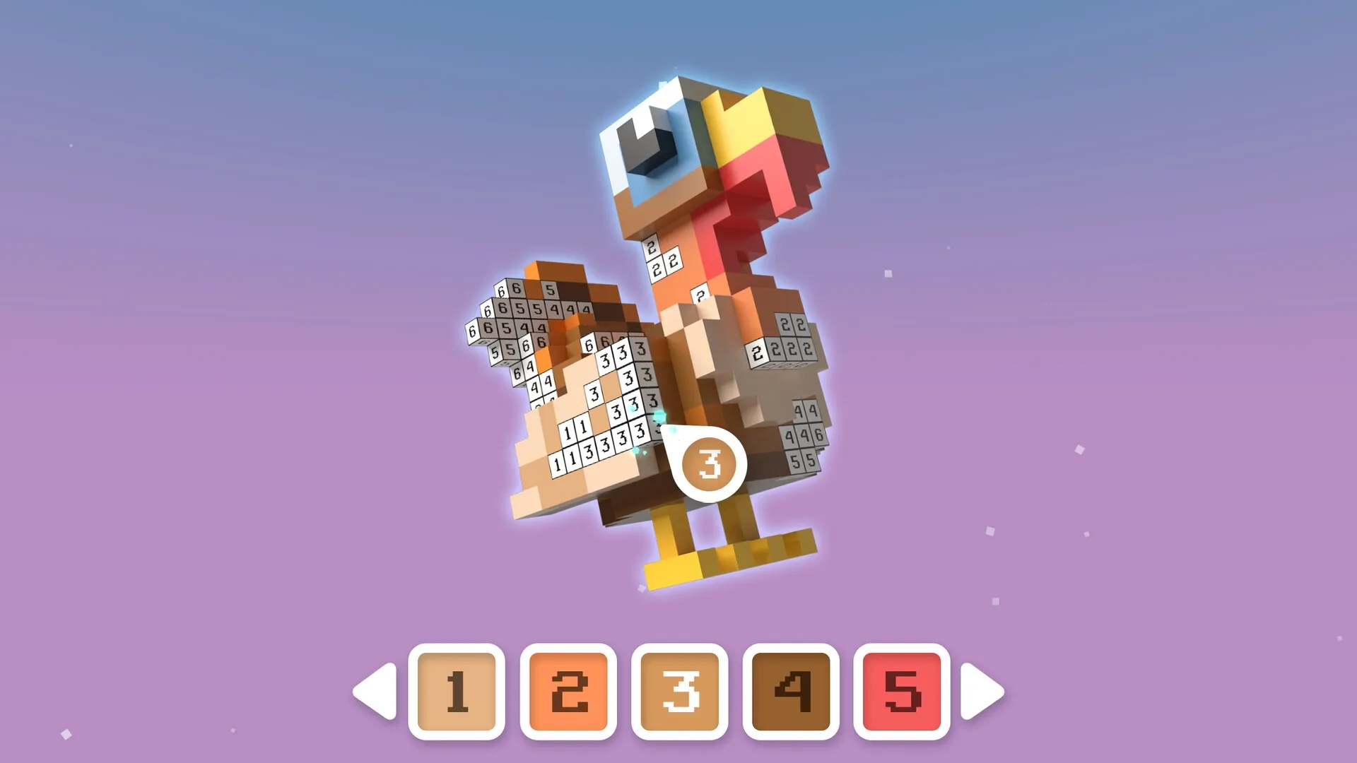 Color-A-Cube: Voxel dodo bird coloring with numbered blocks and color palette in purple sky setting