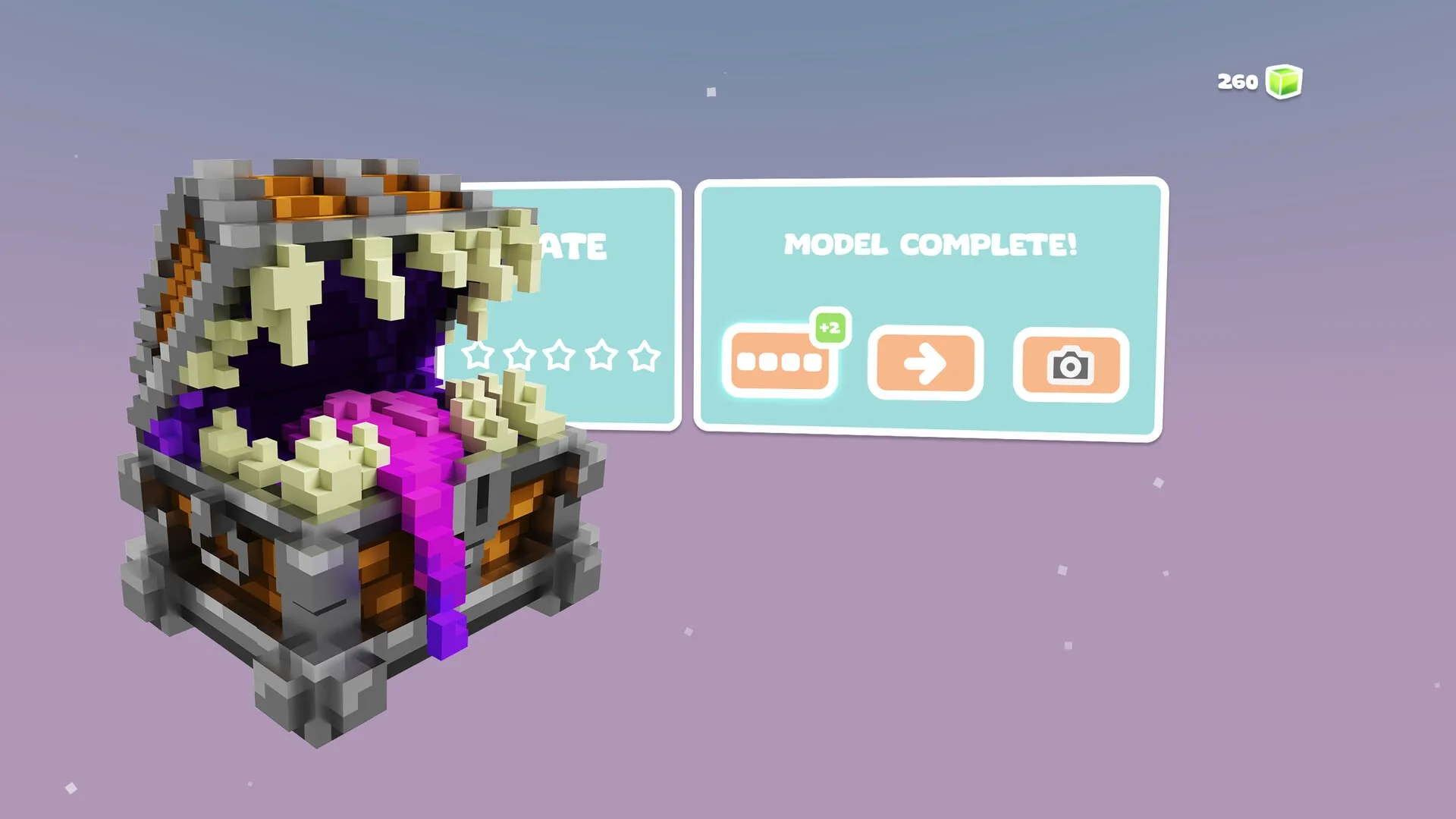 Color-A-Cube: Voxel treasure chest opens with "Model Complete" panel in a pastel purple background.