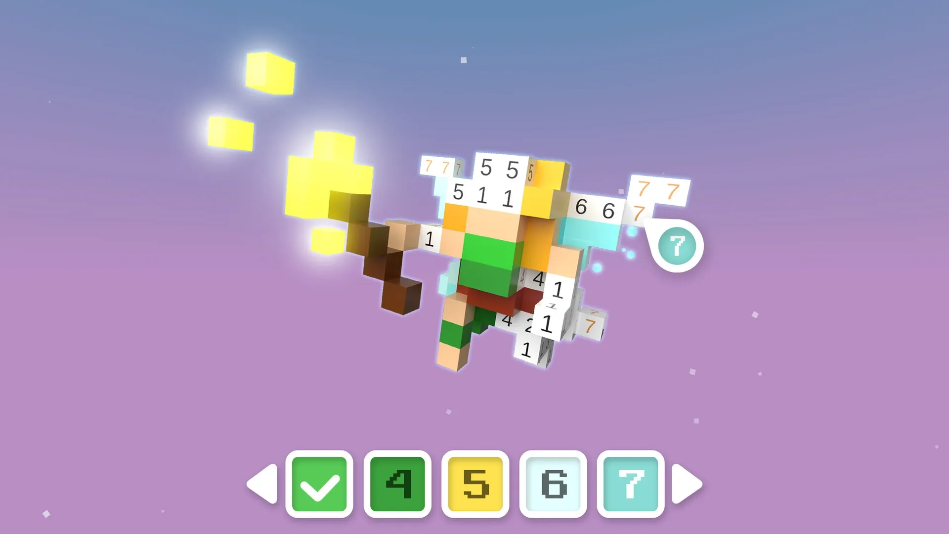 Color-A-Cube: Voxel character coloring by number with palette and selection menu on purple background