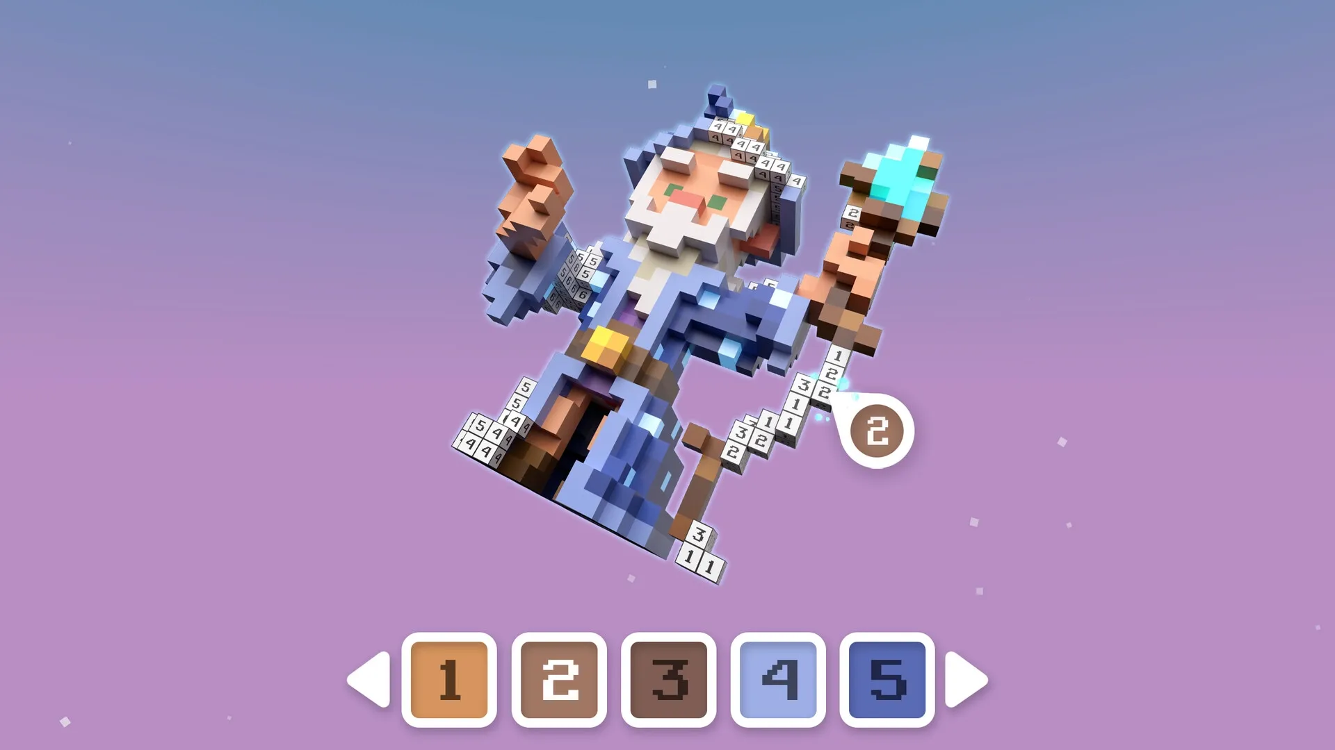 Color-A-Cube: Voxel wizard figure with numbered cubes for coloring on a gradient purple background