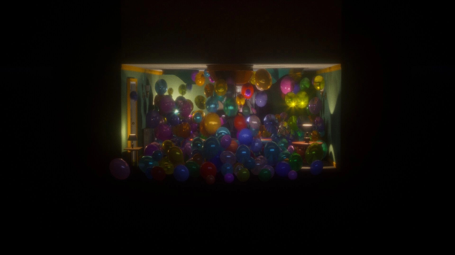 Color Fear: Room filled with colorful balloons creating an eerie atmosphere in dim lighting