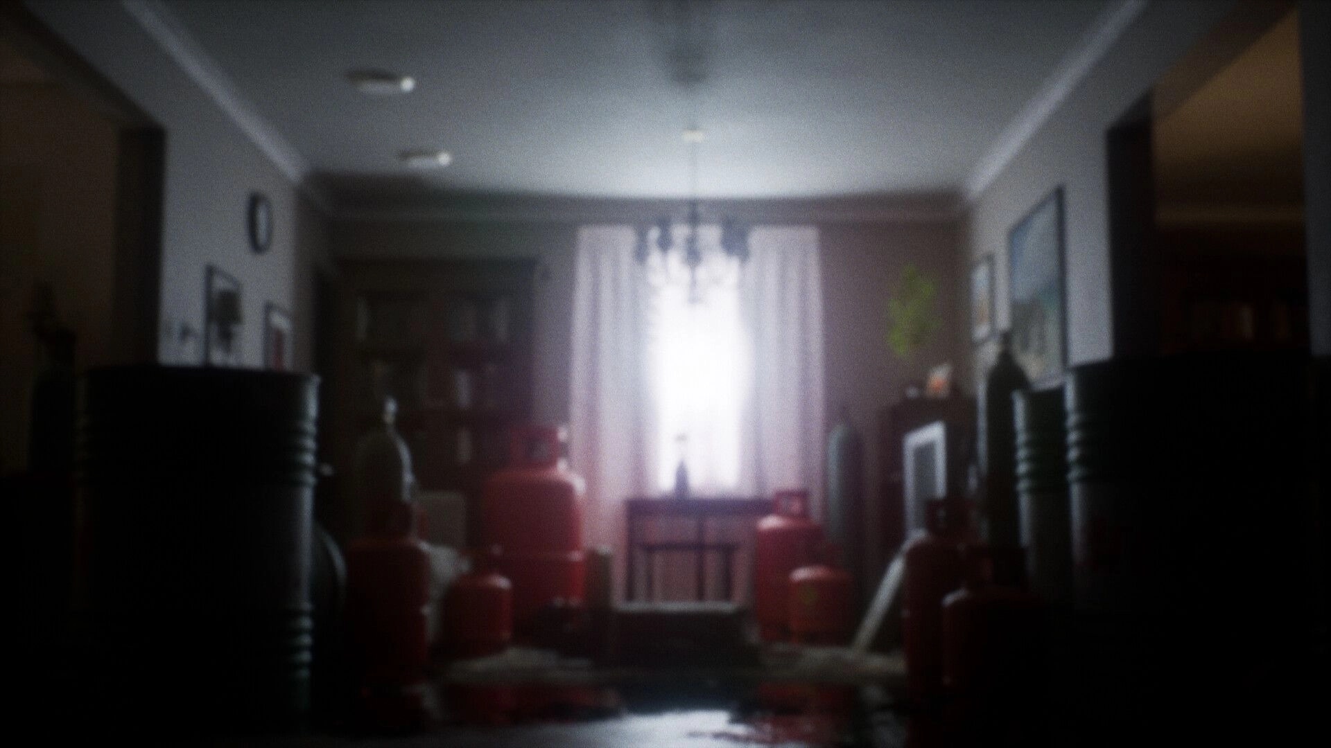Color Fear: Dimly lit room filled with barrels and gas canisters, eerie curtains glow in background
