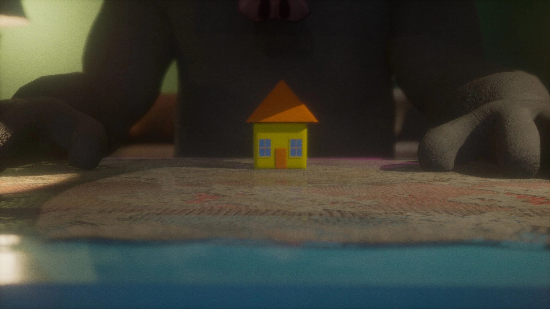Color Fear: Large shadowy figure looms over a small toy house on a patterned table in dim lighting.