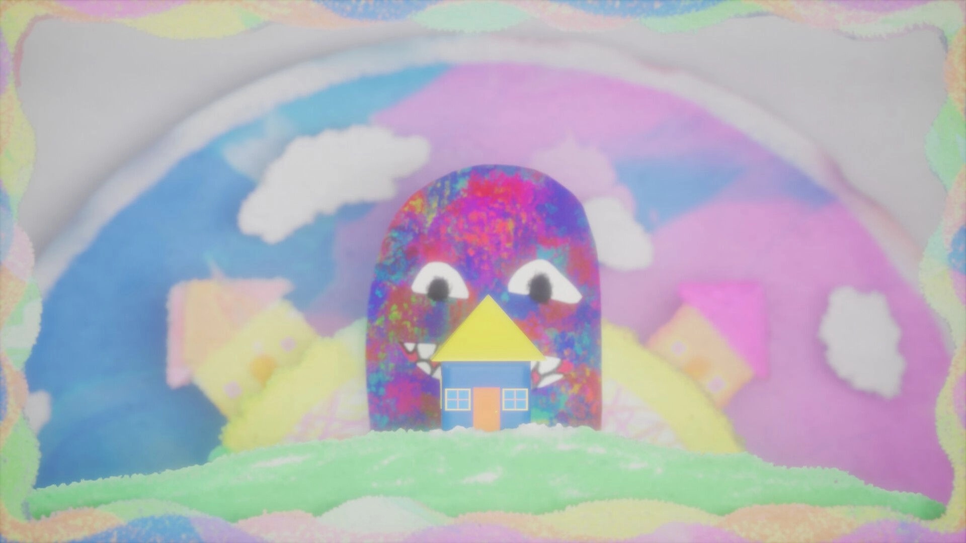 Color Fear: Colorful monster with sharp teeth looms over a small house in a vibrant, surreal landscape