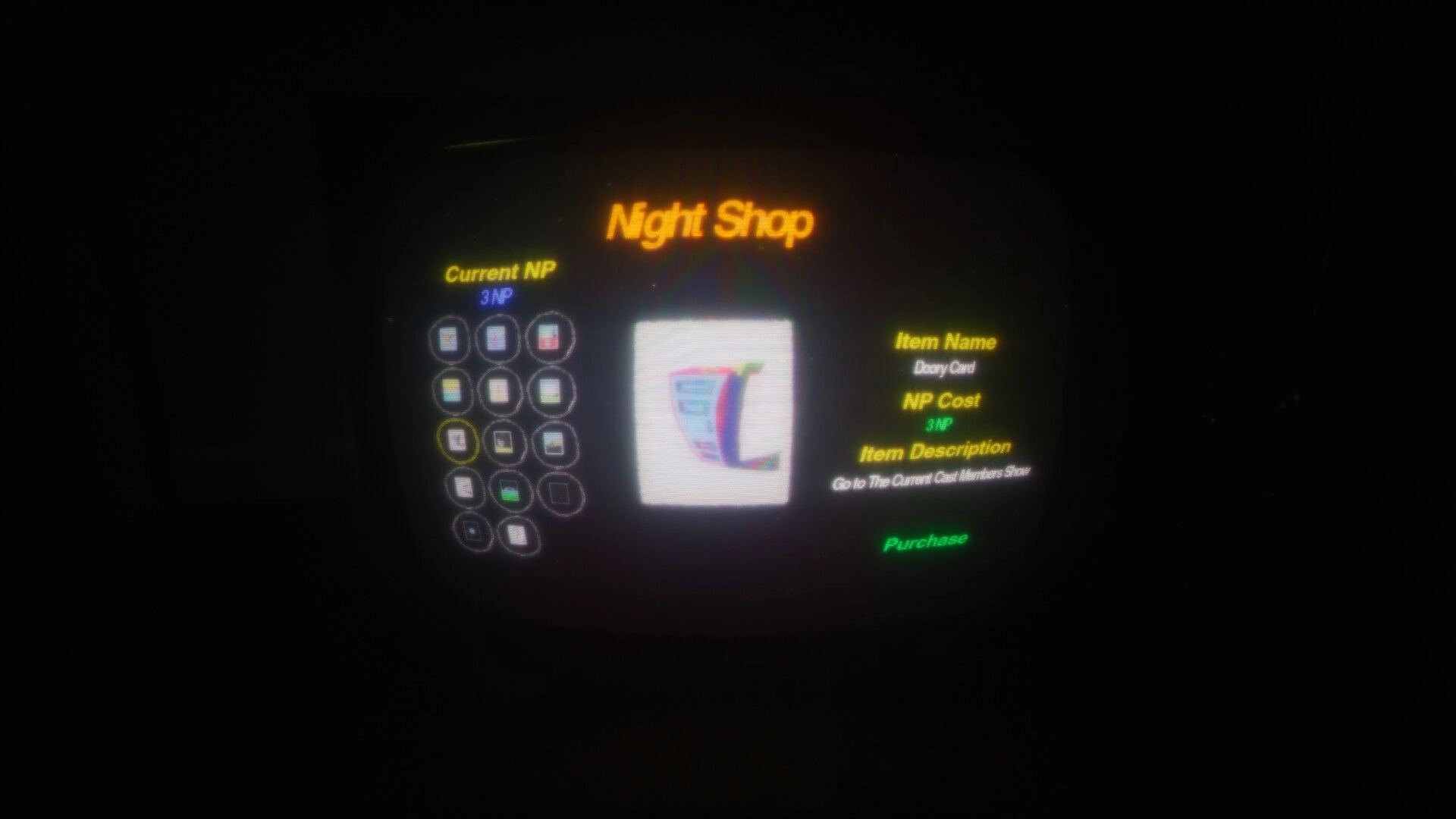 Color Fear: Night Shop interface displaying items, current NP, and purchase option on a dark screen