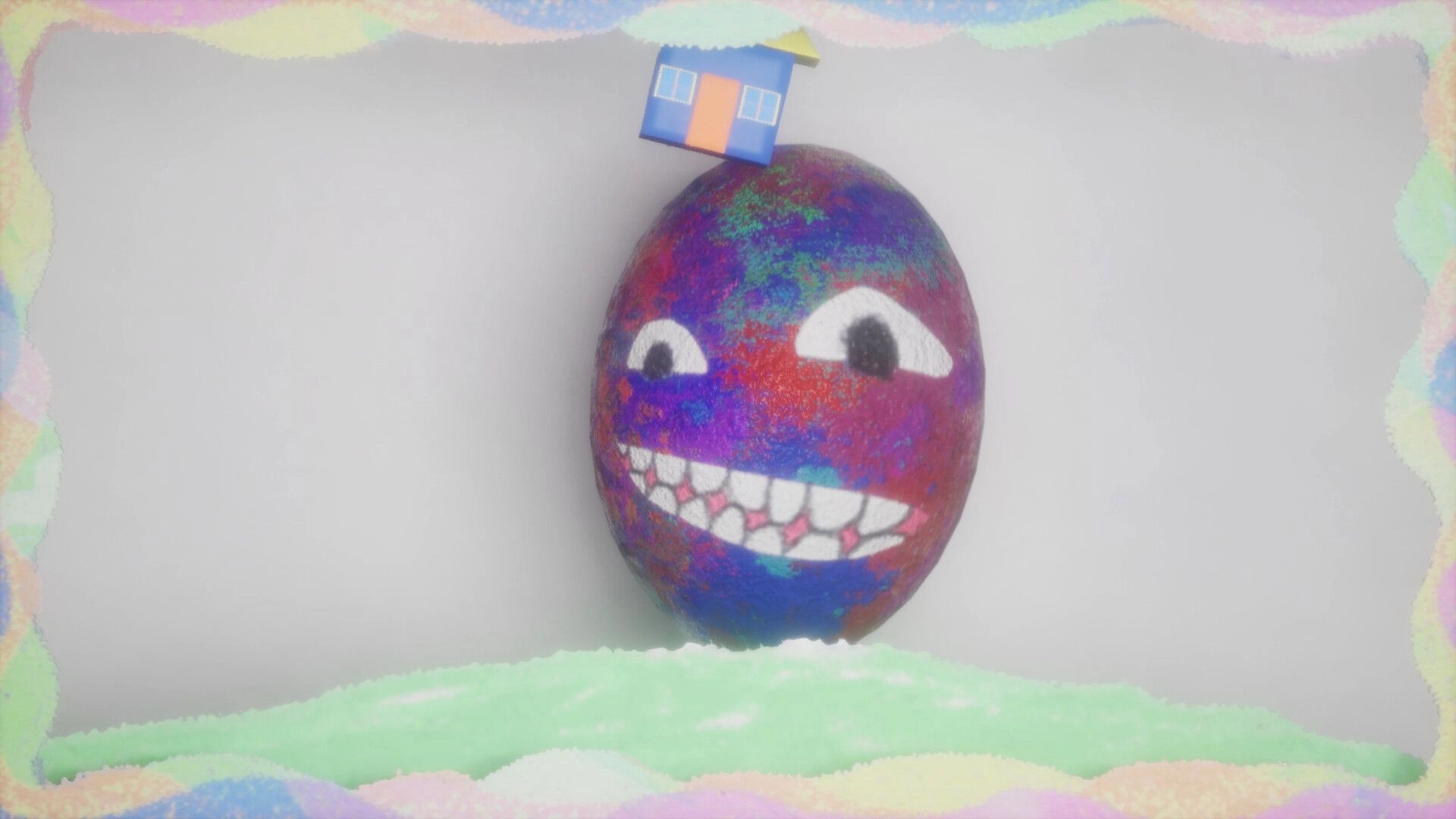 Color Fear: Large colorful egg with creepy face and small house on top in a pastel-hued environment