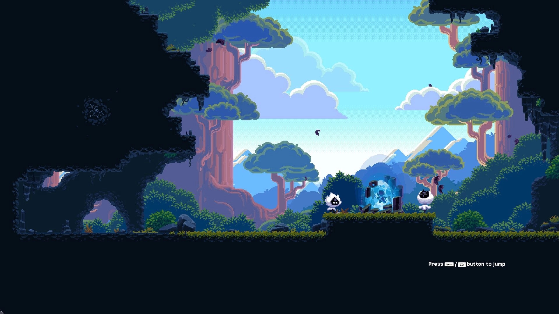 Colorami: Pixelated forest scene with character near a glowing portal, showing jump controls onscreen.