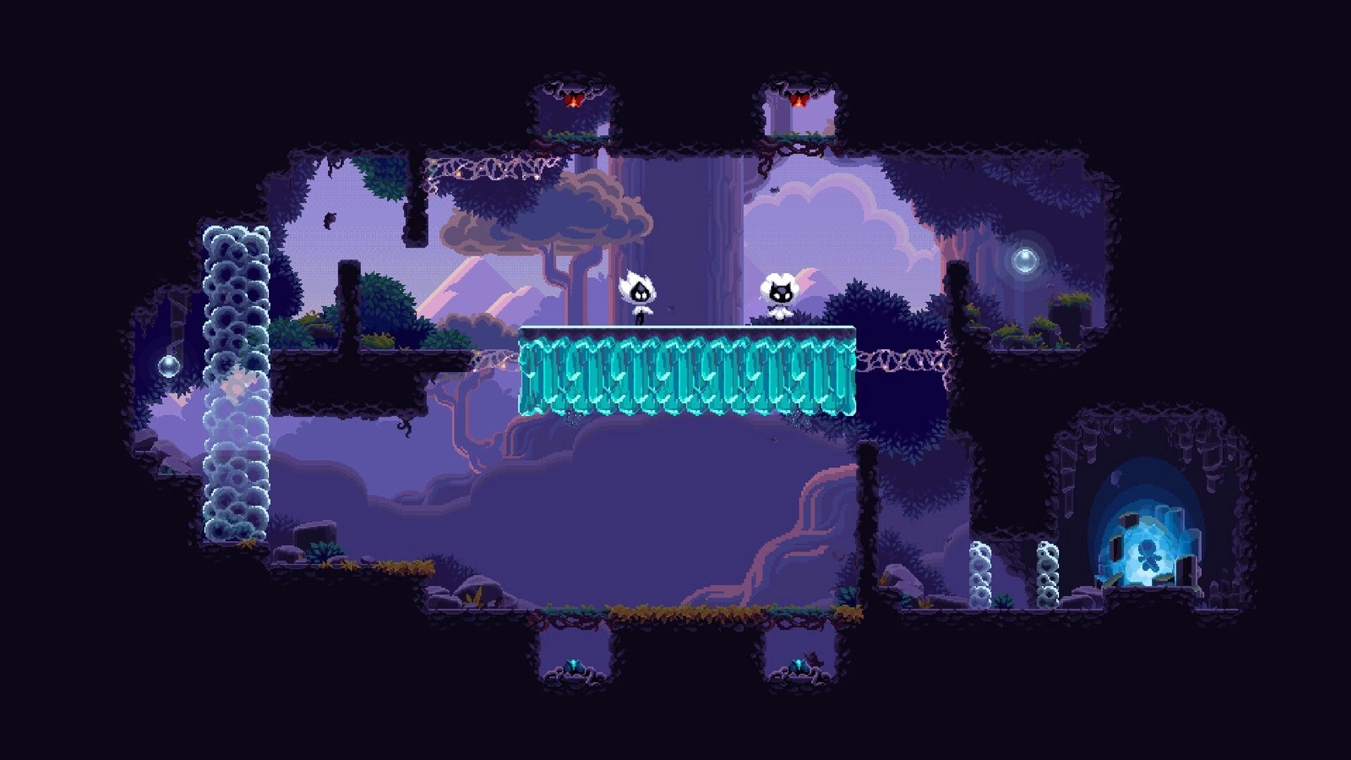 Colorami: Two spirits on a glowing platform in a mystical cave with luminescent flora and portals