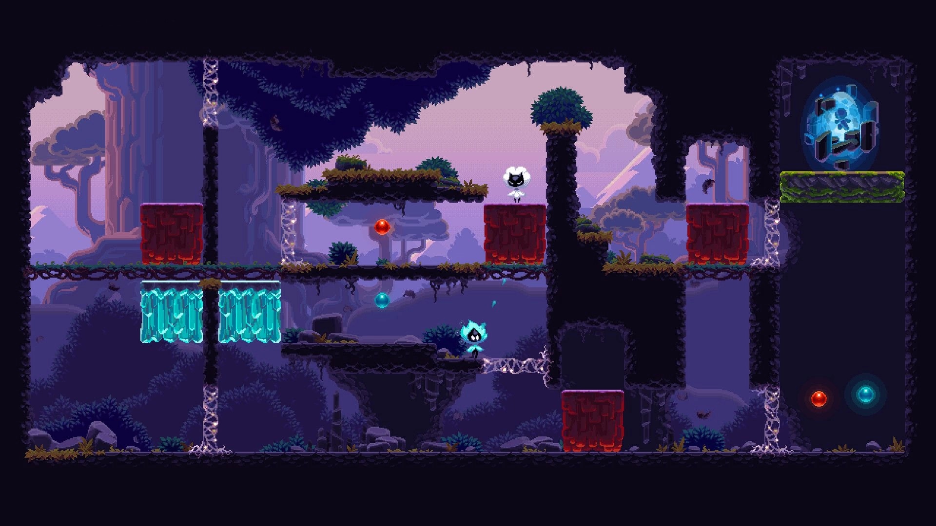 Colorami: Two spirit characters navigate a platform puzzle in a mystical forest with glowing orbs.