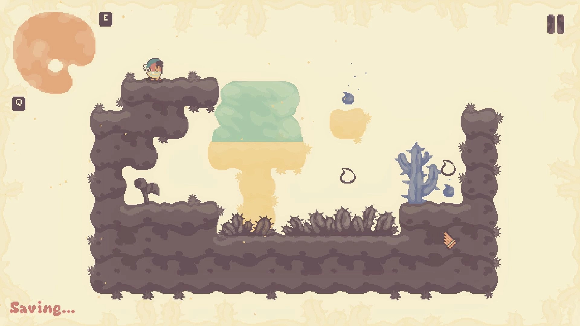 Colorbound: Anku stands on rocky platform with color-changing elements and floating icons in cavern.