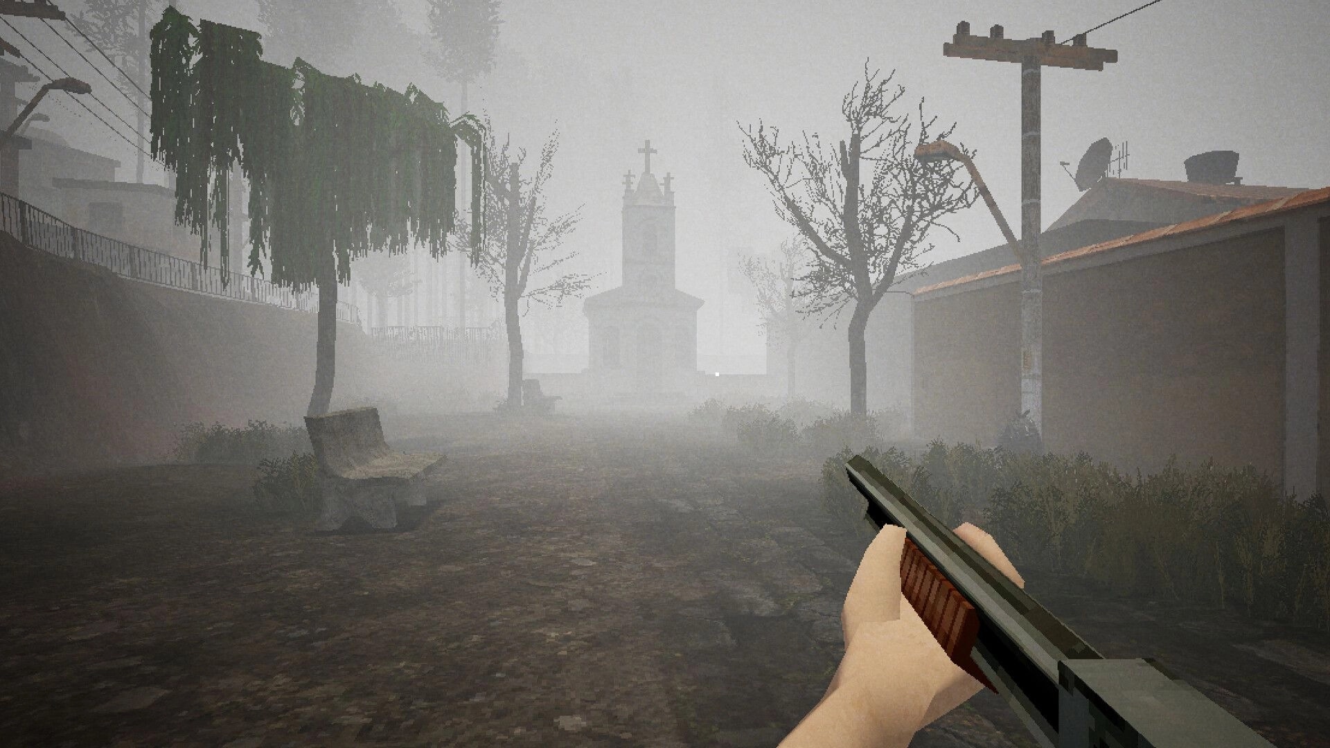 Comatose: First-person view holding a shotgun on a foggy street toward a distant church tower.