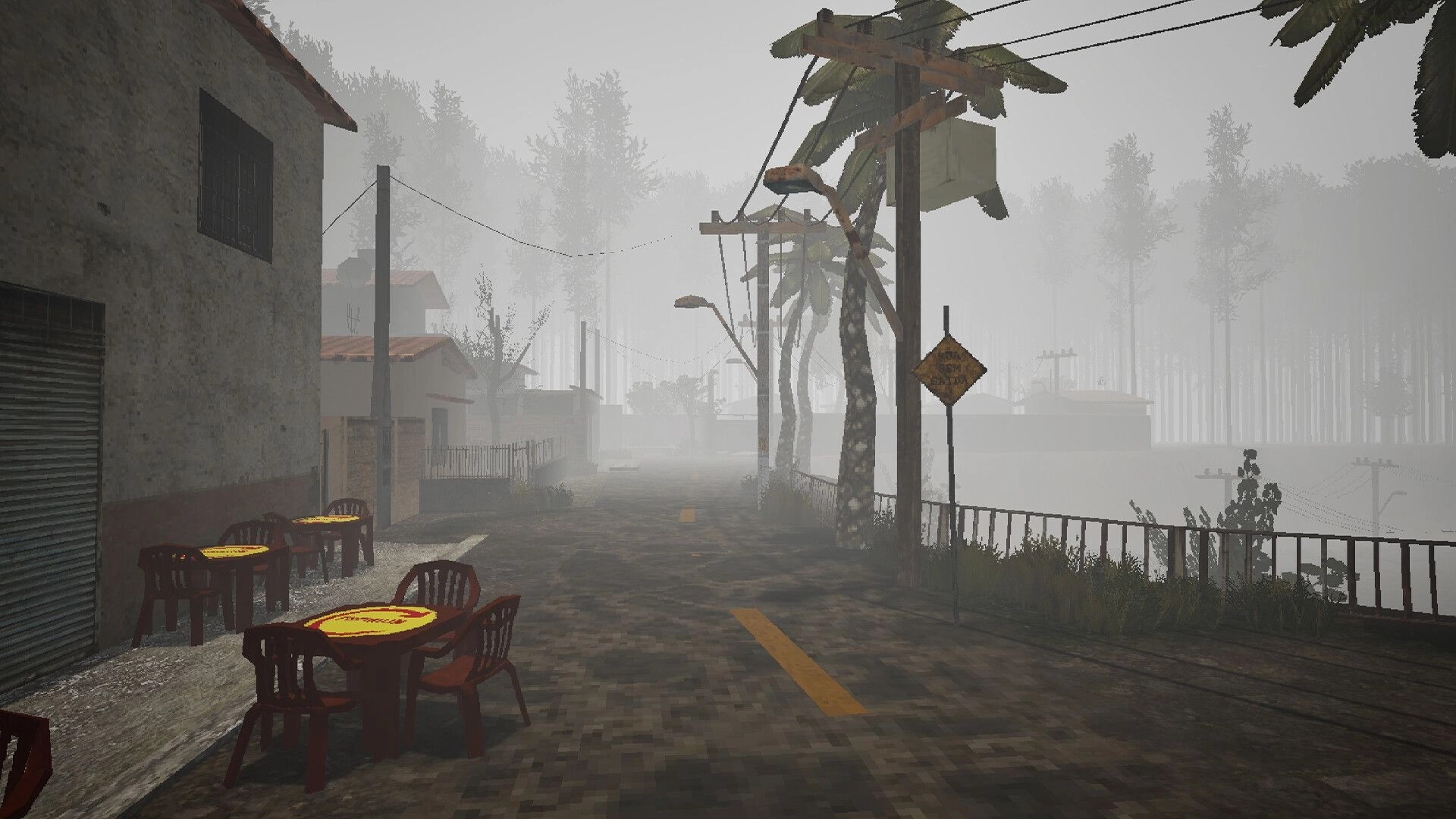 Comatose: Walking down an empty foggy street past cafe tables and power lines in a misty town.