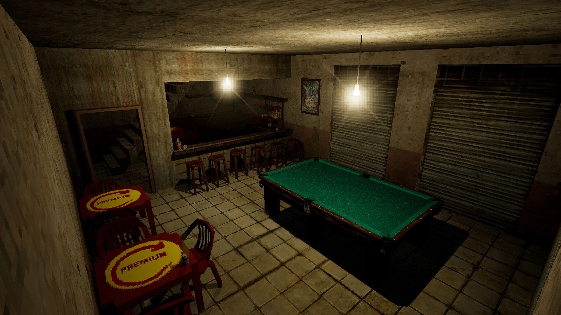 Comatose: Dim pool table and bar stools under bare bulbs in a grimy tiled backroom bar.