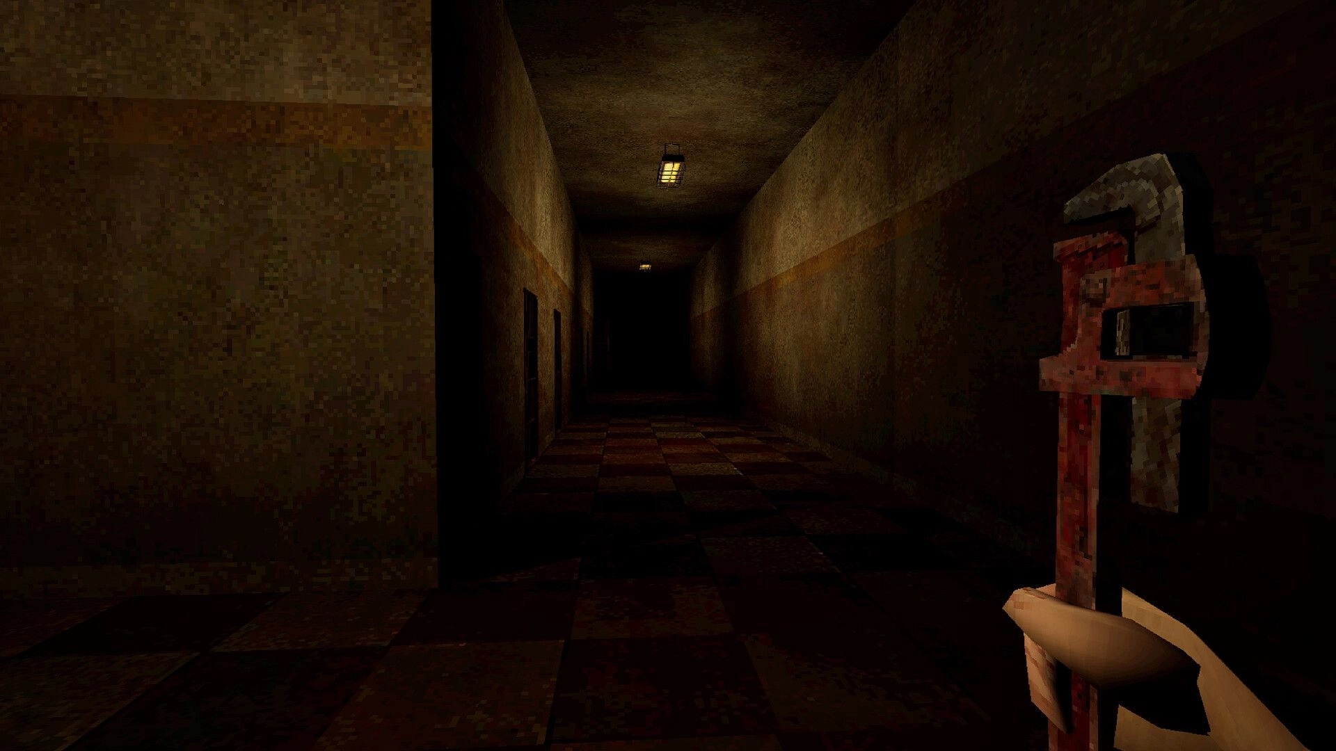 Comatose: First-person view holding a bloodied wrench in a dim hallway with doors and lamps.