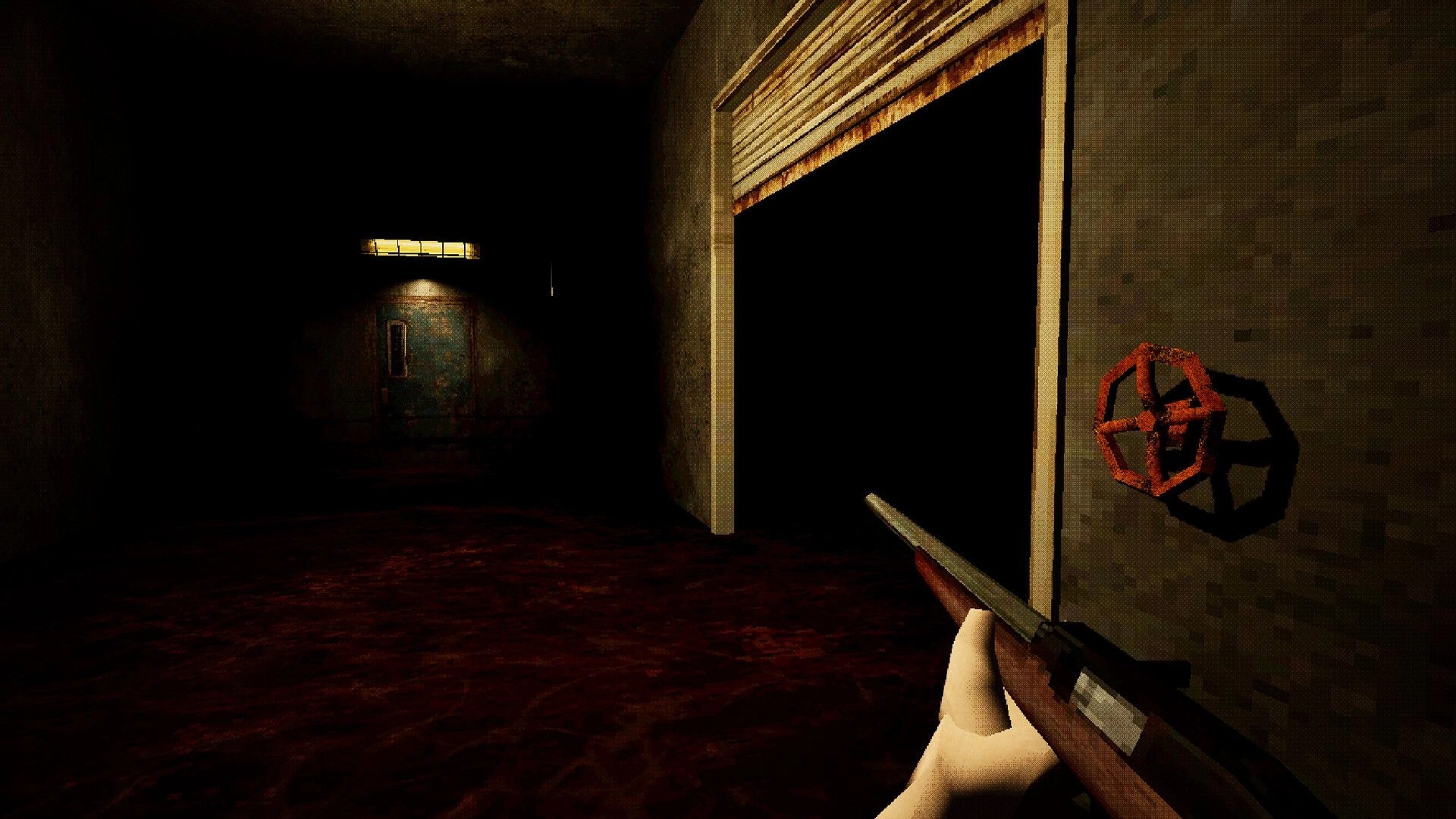 Comatose: First-person shotgun aimed down a dark corridor beside a shuttered doorway and valve wheel.
