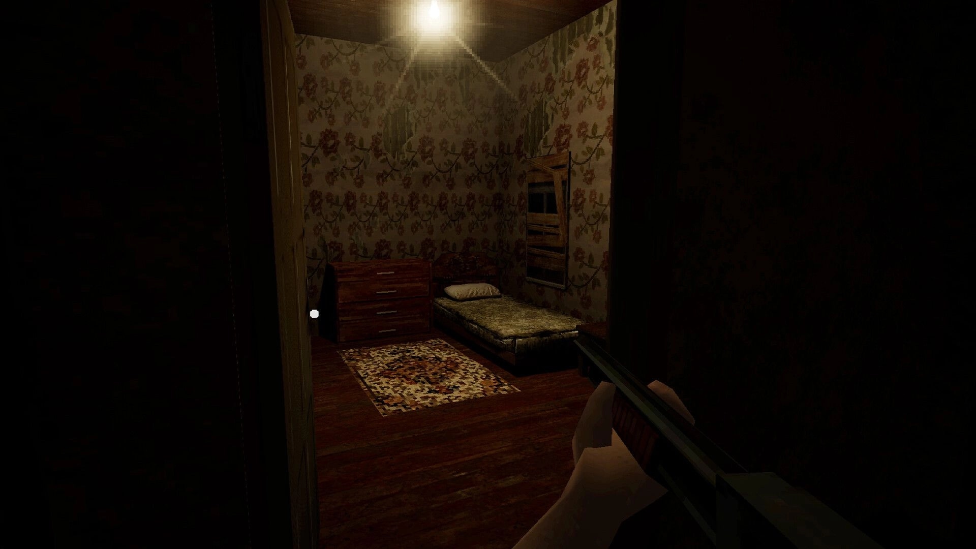 Comatose: First-person view aiming a shotgun into a dim bedroom with bed, dresser, and boarded window.